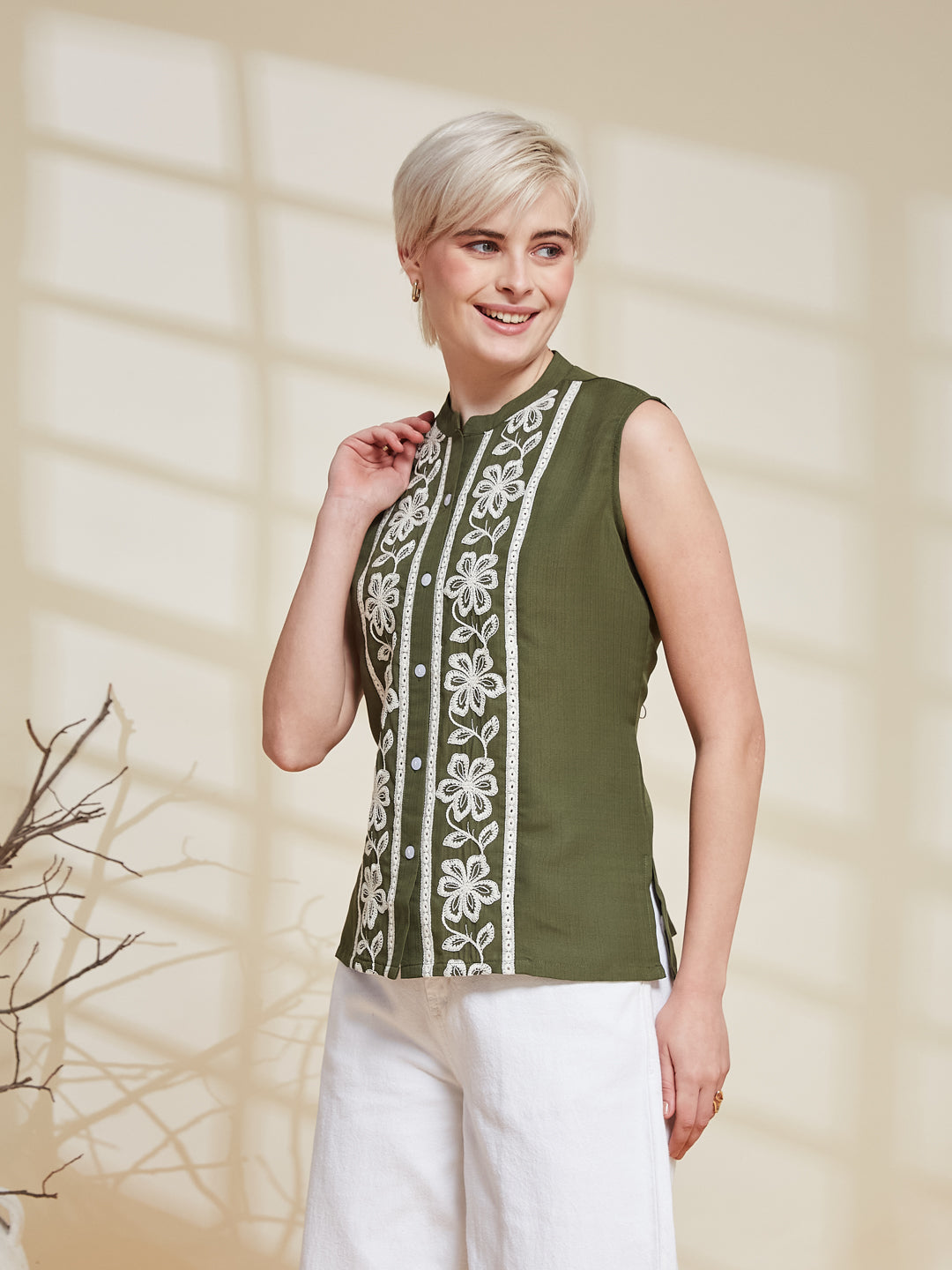 Olive Viscose Embroidered Regular Fit Shirt for Women