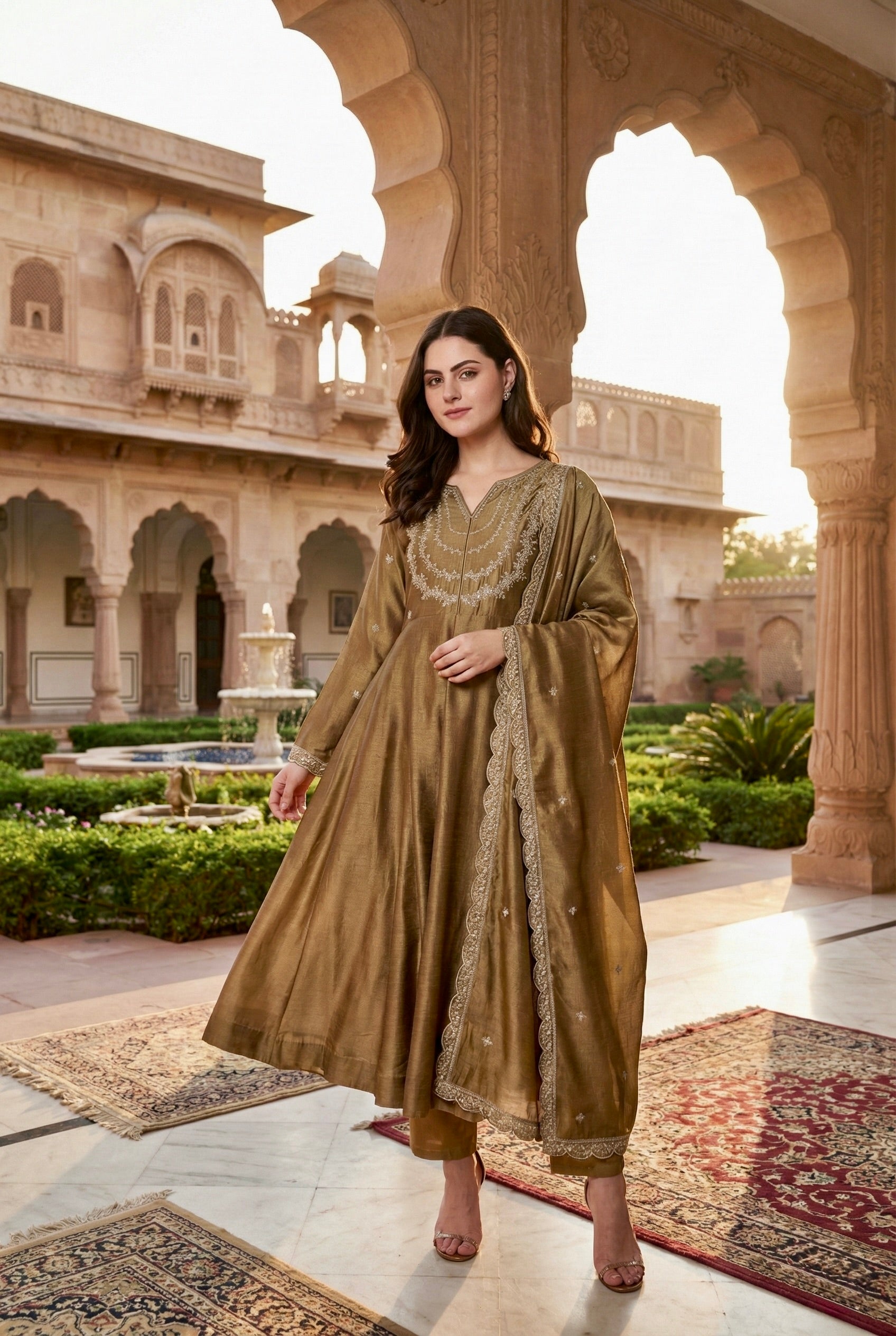 Gold Embroidered Silk Blend Anarkali Kurta With Dupatta Set