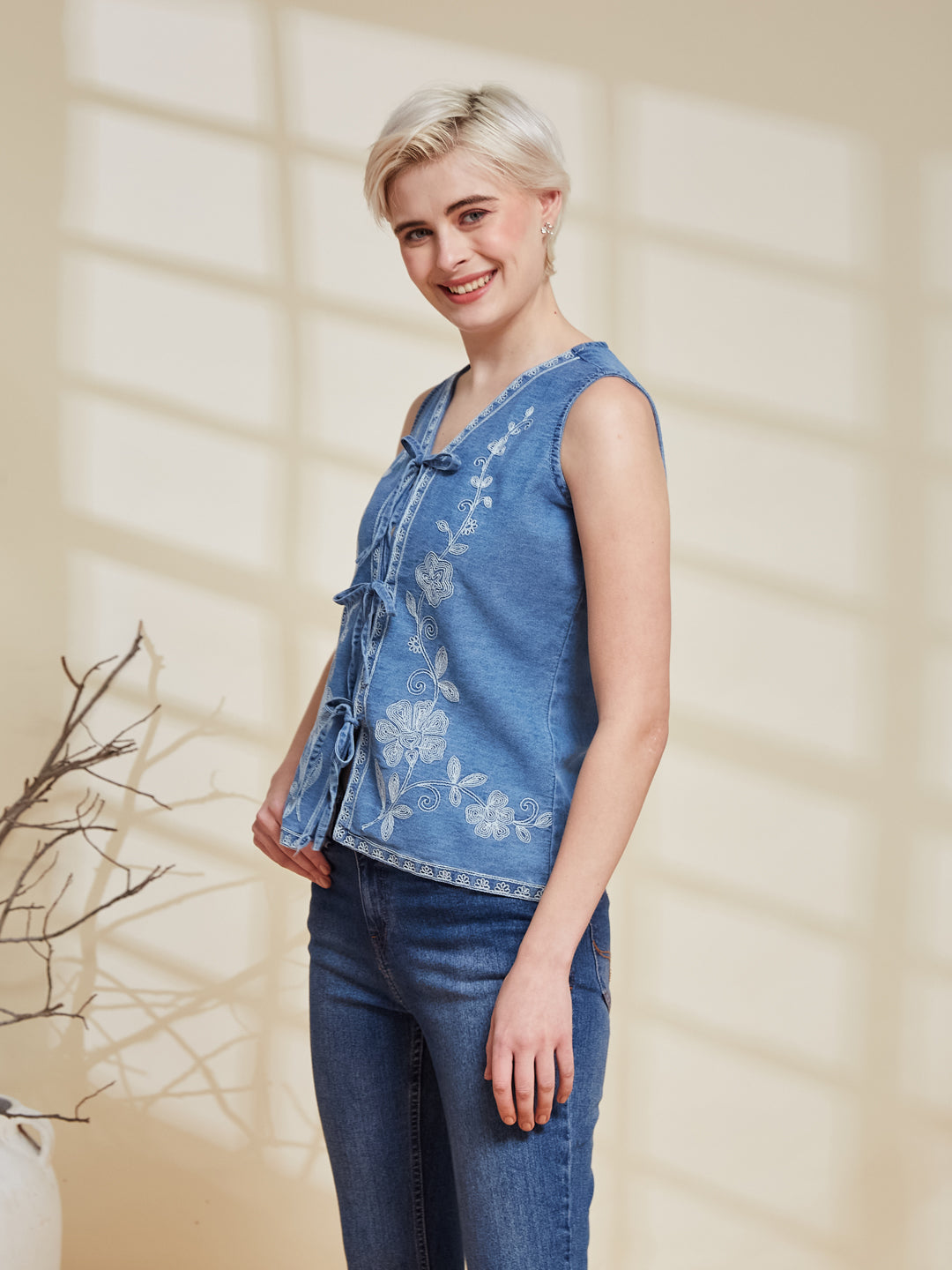 Light Blue Denim Embroidered Shirt for Women