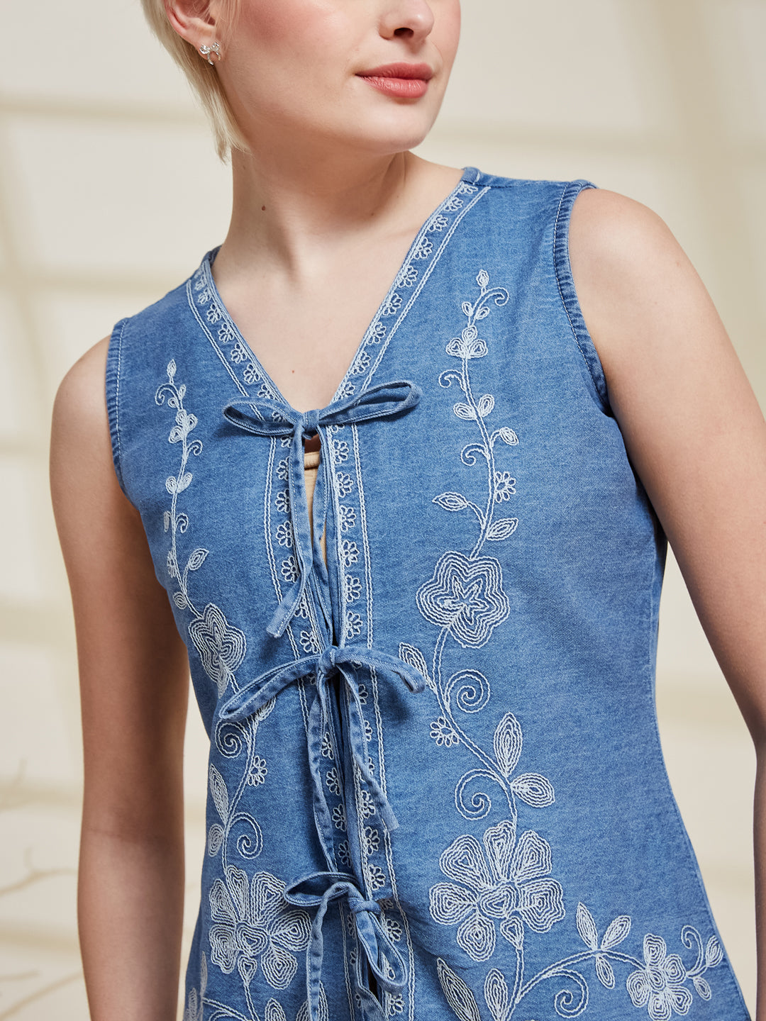 Light Blue Denim Embroidered Shirt for Women