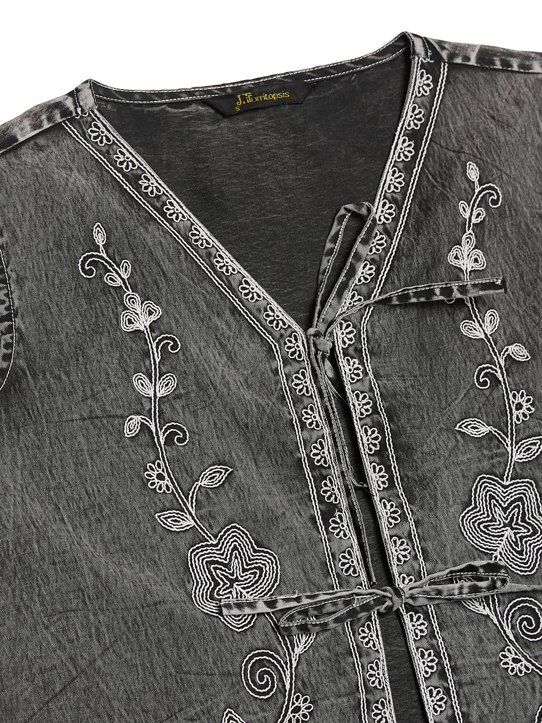 Charcoal Denim Embroidered Shirt for Women | neckside design view