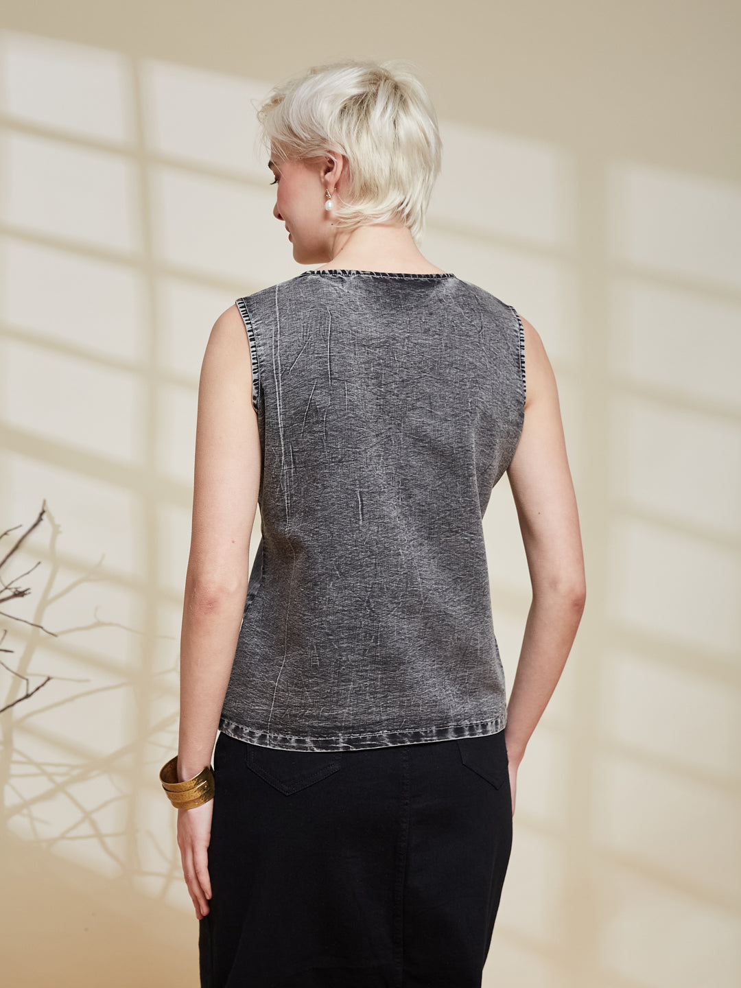 Charcoal Denim Embroidered Shirt for Women | backside view