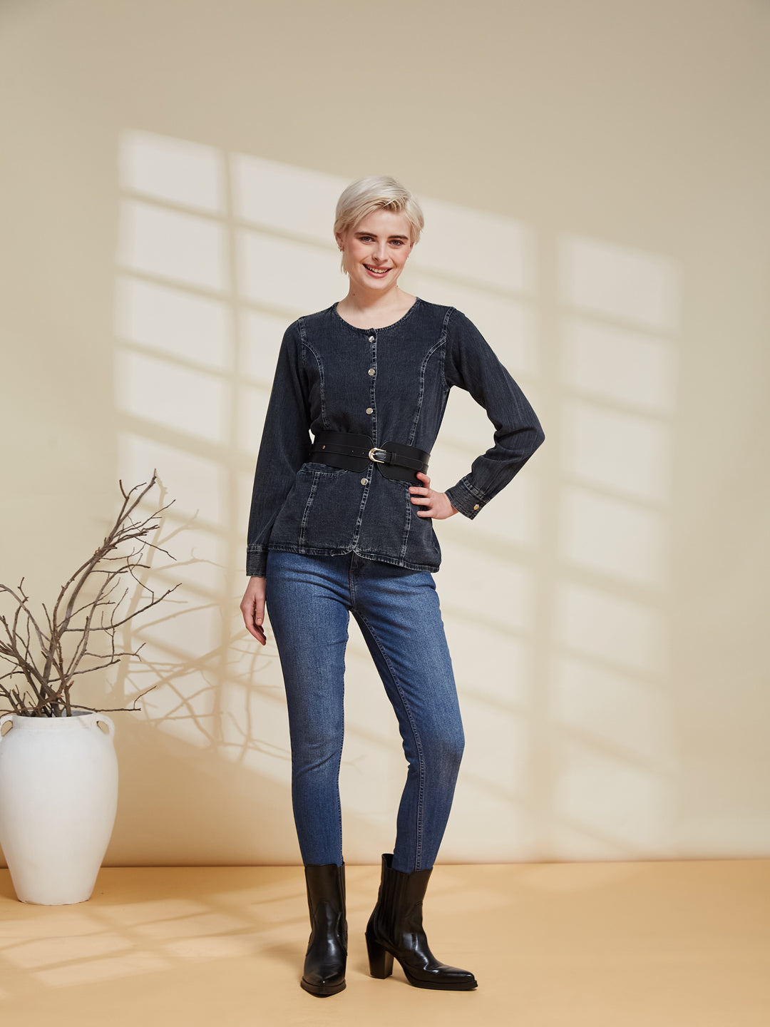 Charcoal Denim Button-Down Stylish Shirt for Women
