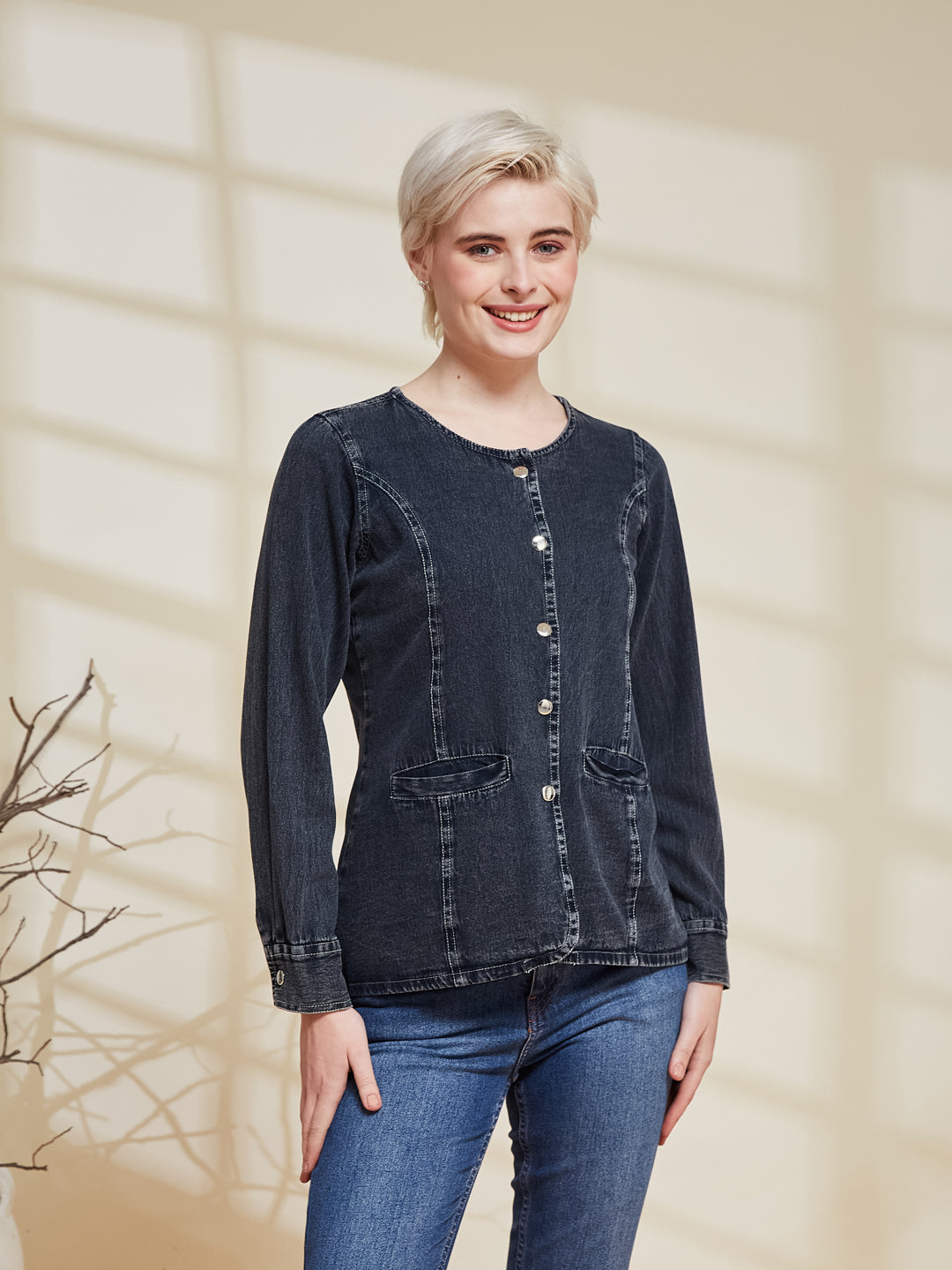 Charcoal Denim Button-Down Stylish Shirt for Women