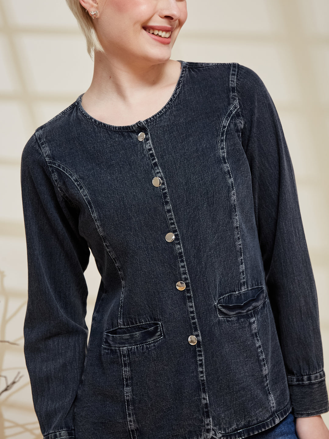 Charcoal Denim Button-Down Stylish Shirt for Women