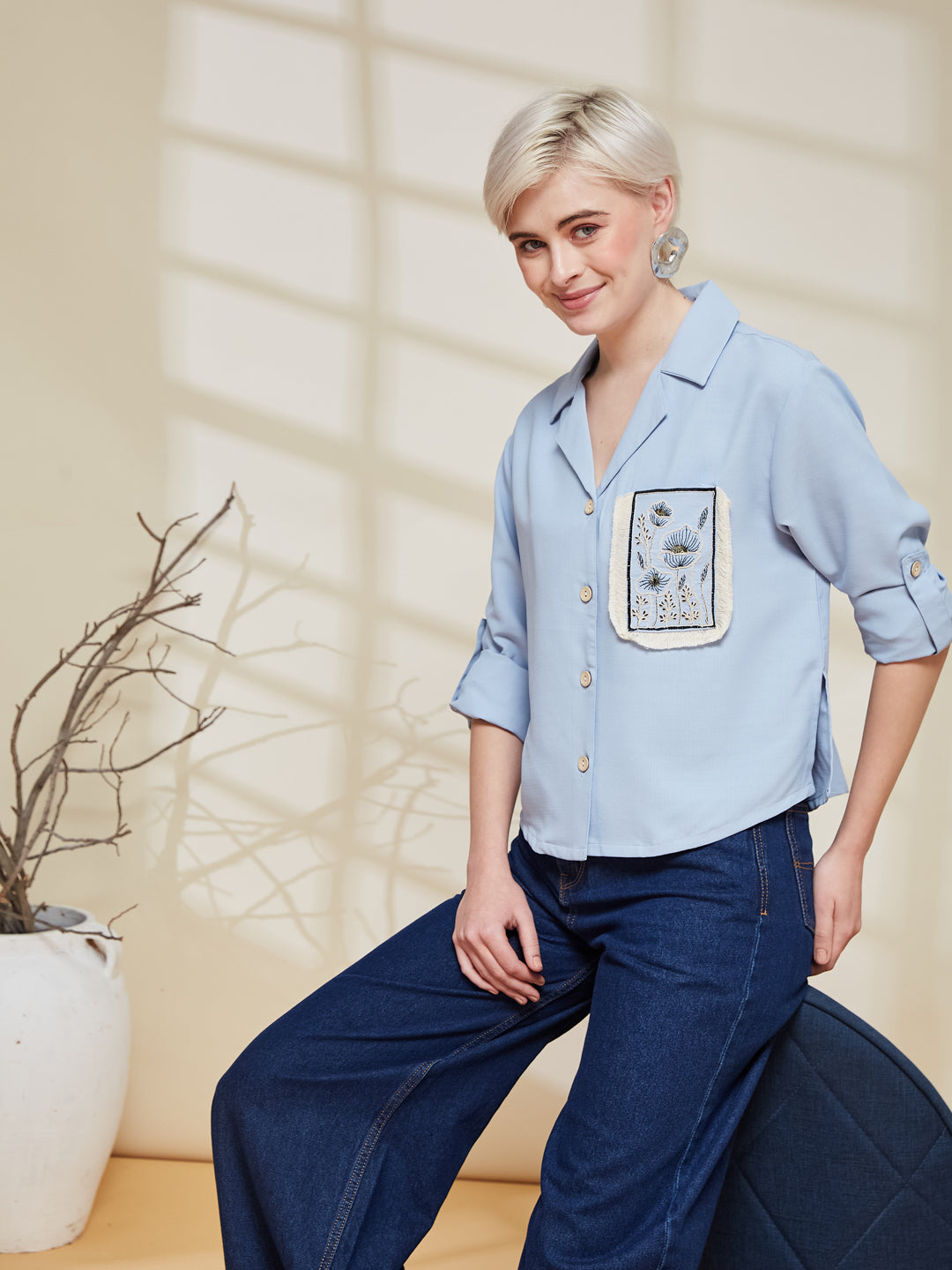 Sky Blue Viscose Blend Embroidered Shirt for Women | women embroidered shirt
| leftside view