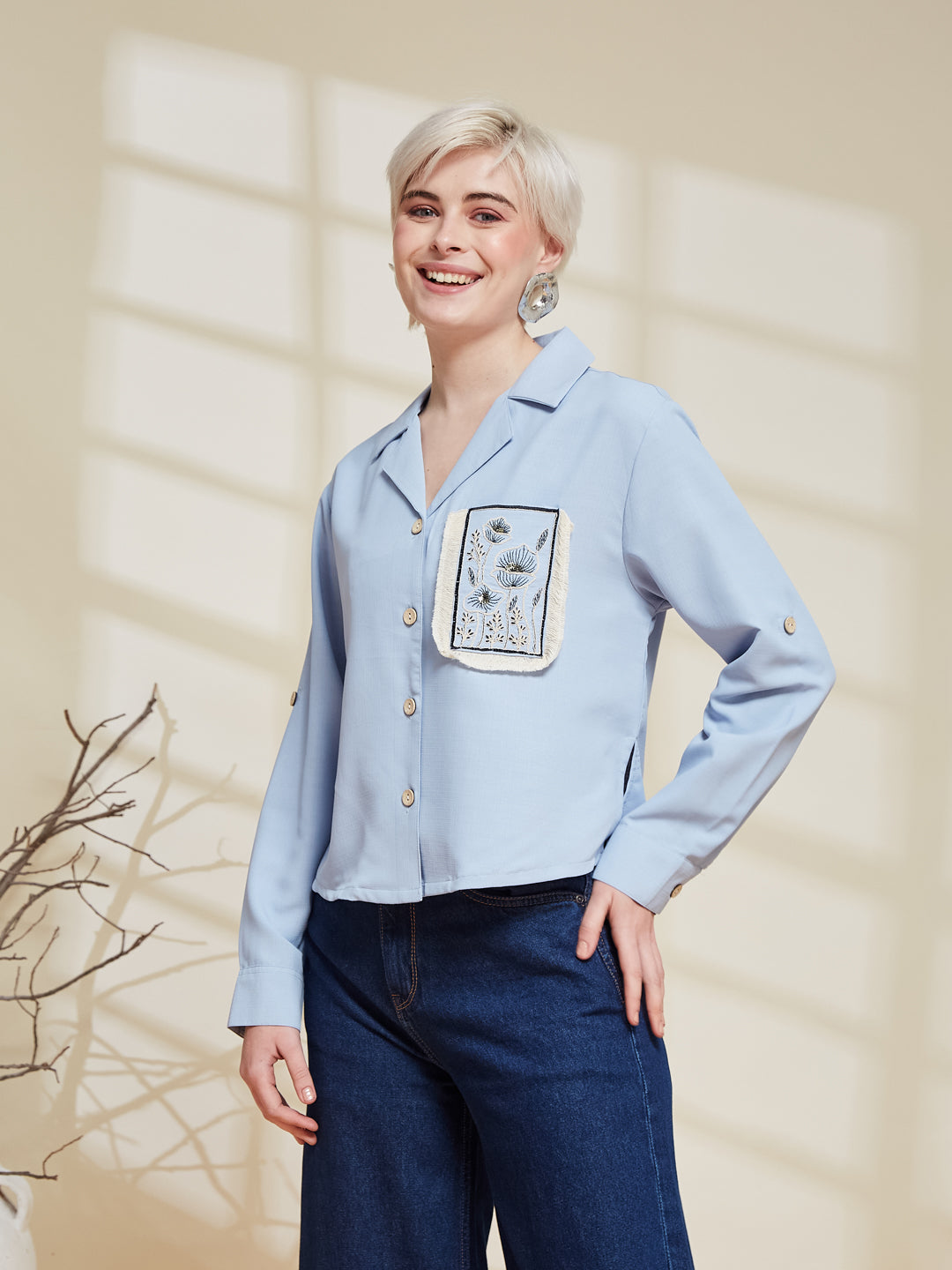 Sky Blue Viscose Blend Embroidered Shirt for Women | women embroidered shirt
