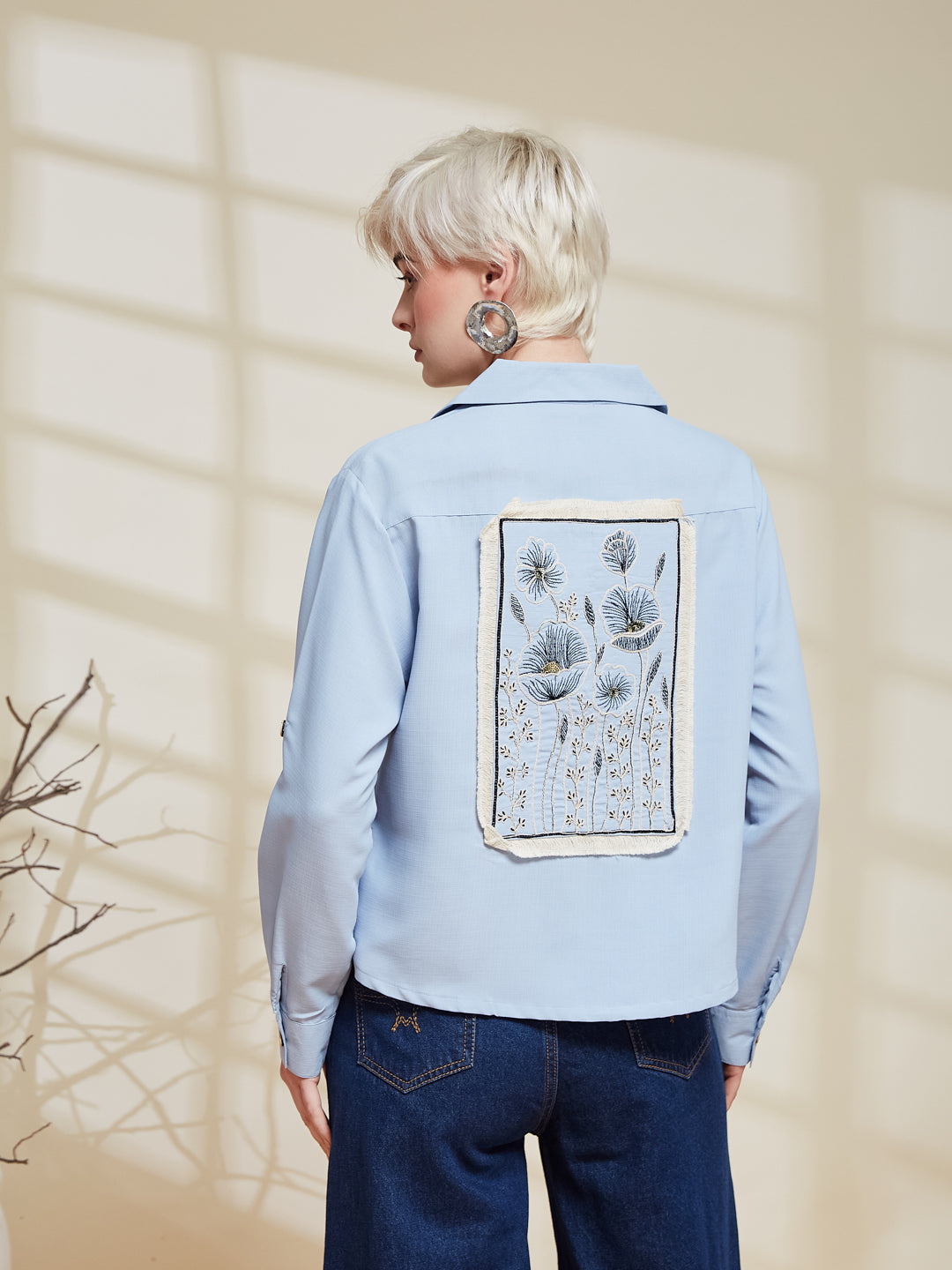 Sky Blue Viscose Blend Embroidered Shirt for Women | women embroidered shirt
 | backside view