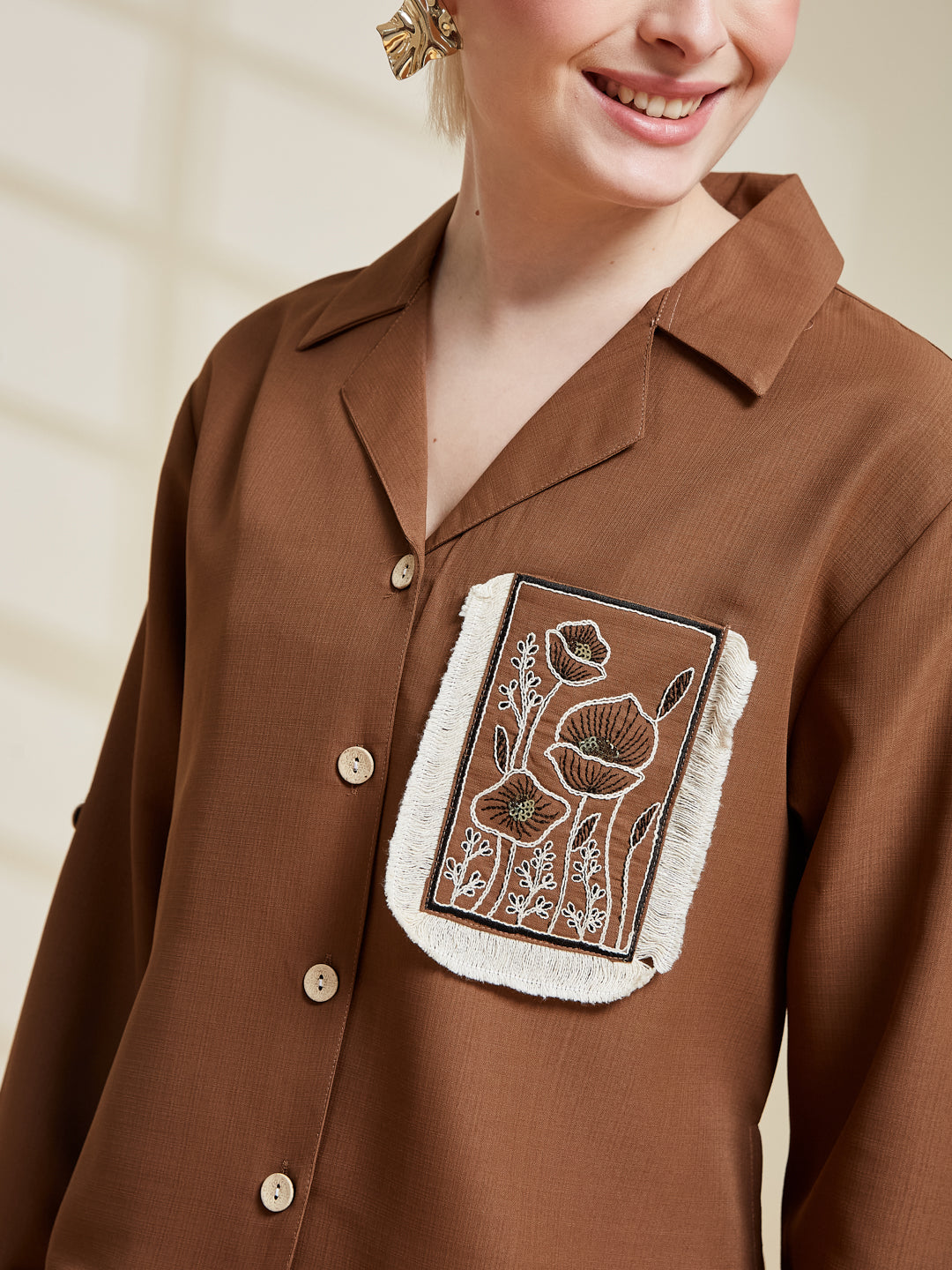Caramel Viscose Blend Embroidered Shirt for Women | Embroidered Shirt for Women | frontside view