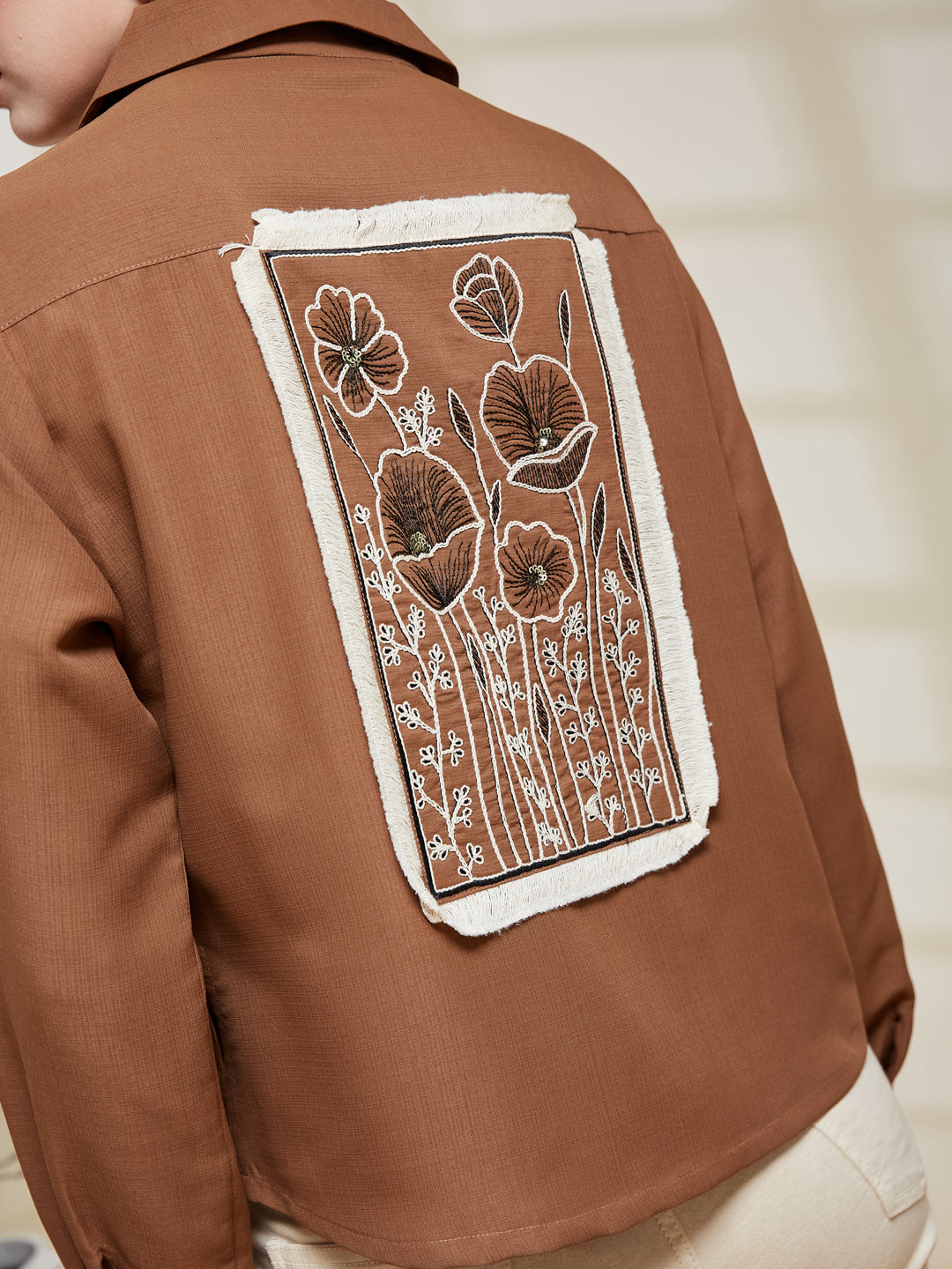 Caramel Viscose Blend Embroidered Shirt for Women | Embroidered Shirt for Women |backside embroidered view