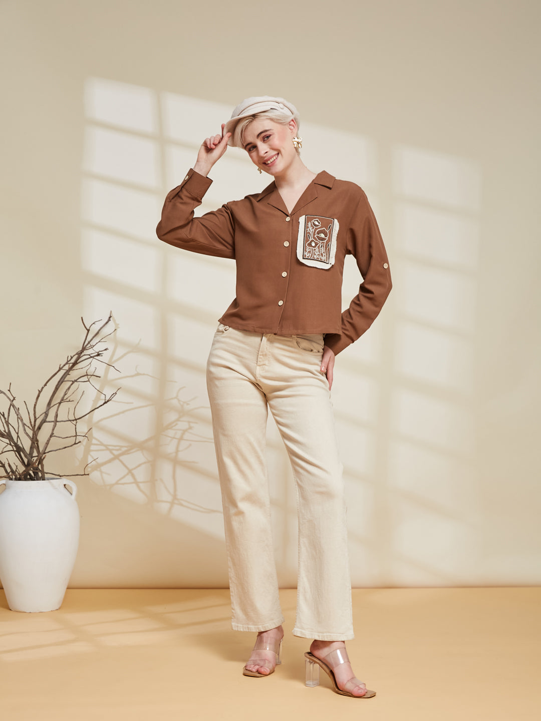 Caramel Viscose Blend Embroidered Shirt for Women | Embroidered Shirt for Women | frontside view