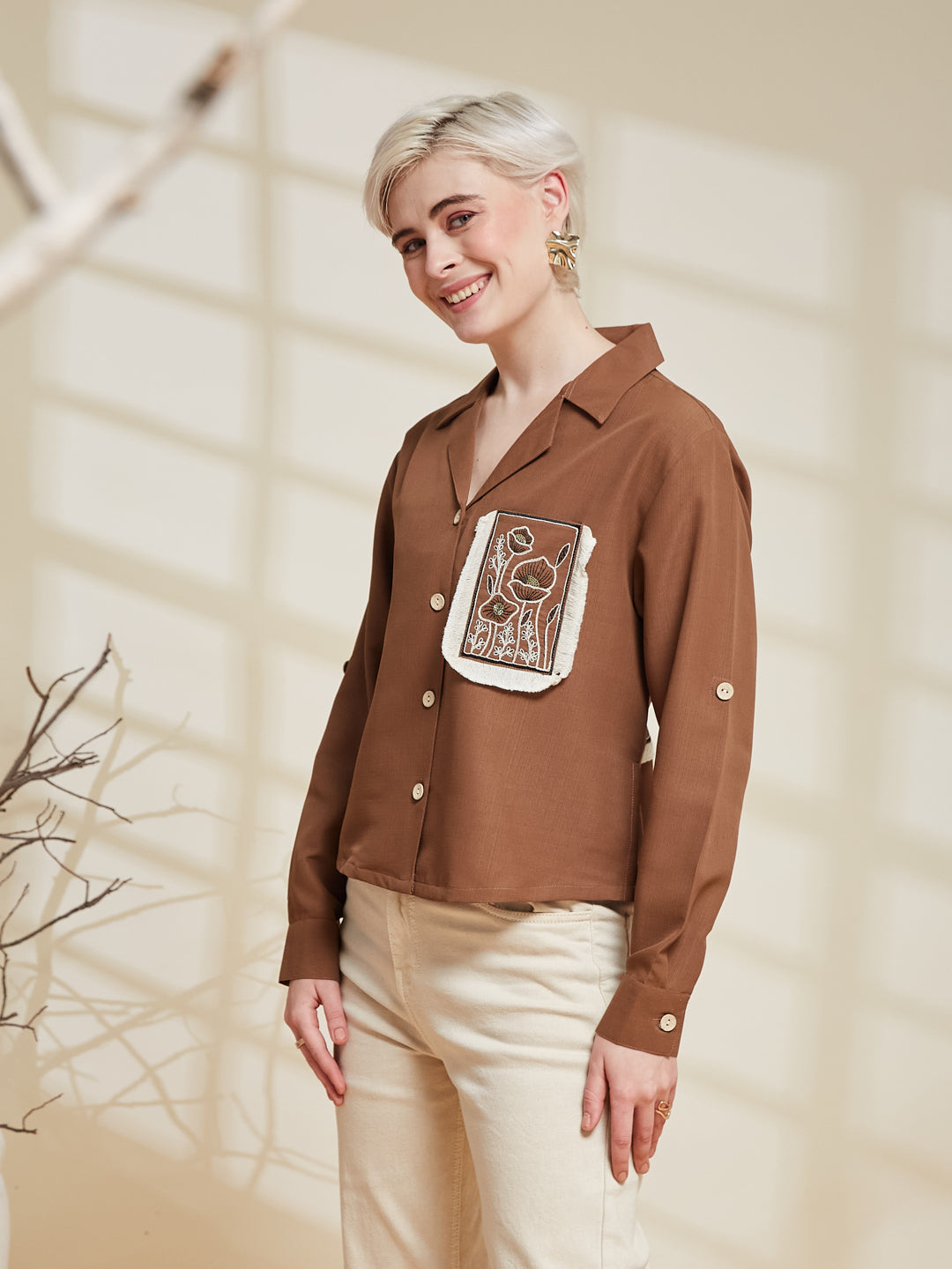 Caramel Viscose Blend Embroidered Shirt for Women | Embroidered Shirt for Women | leftside view