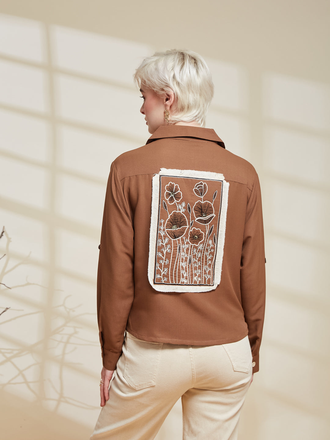Caramel Viscose Blend Embroidered Shirt for Women | Embroidered Shirt for Women | backside view