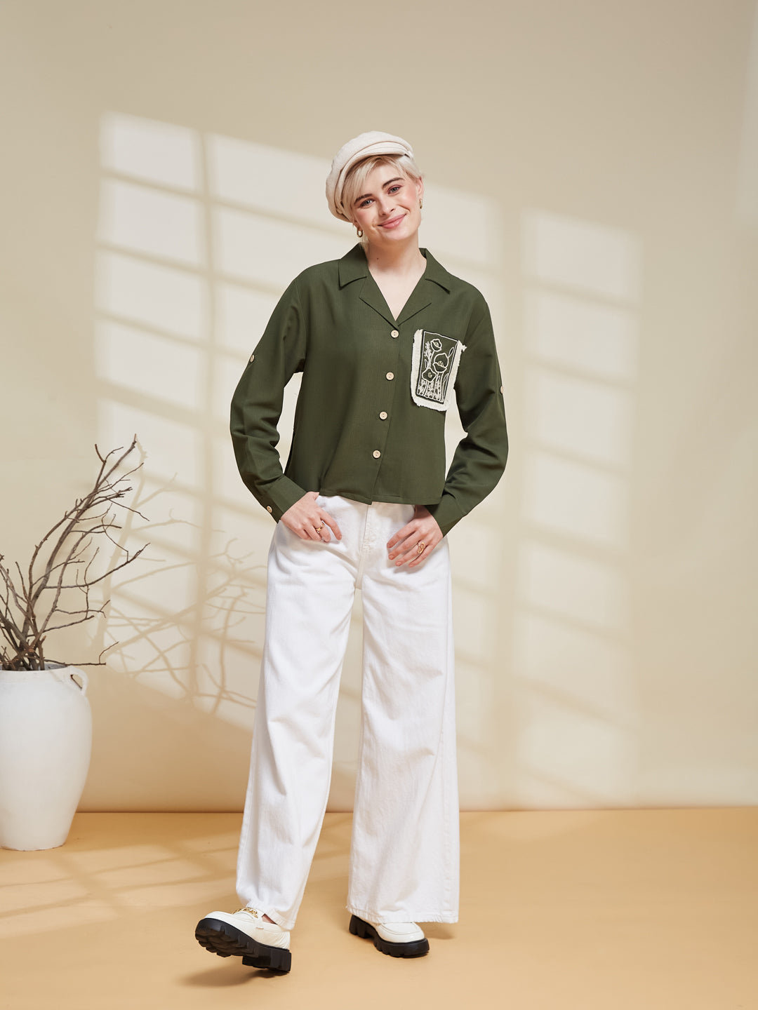 Olive Viscose Blend Embroidered Shirt for Women | Embroidered Shirt for Women 