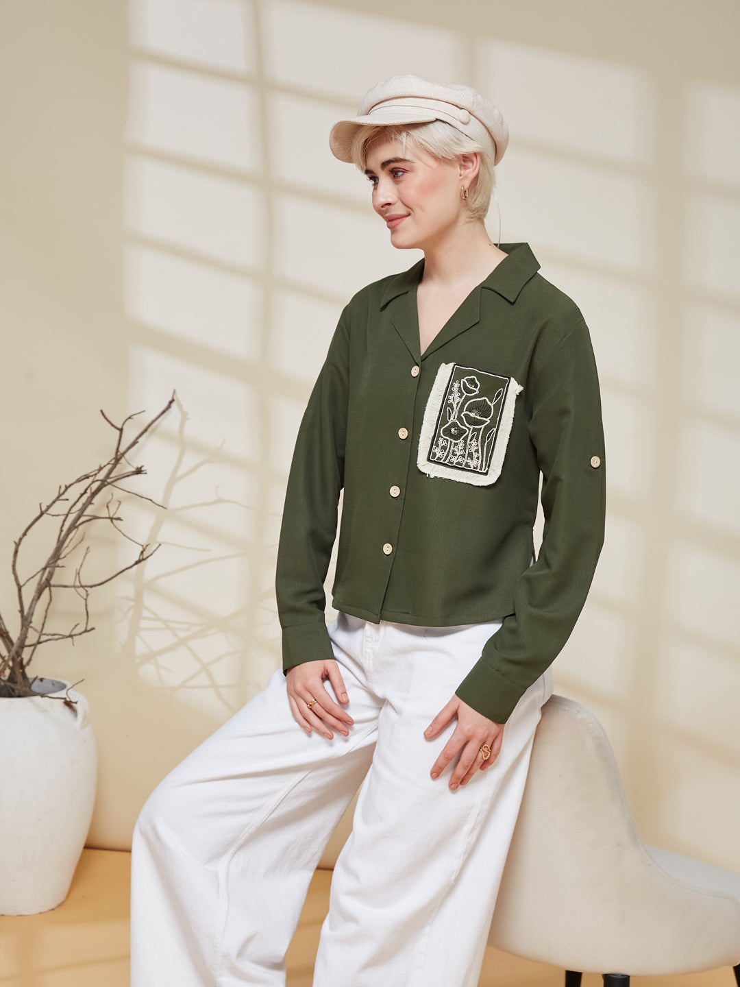 Olive Viscose Blend Embroidered Shirt for Women | Embroidered Shirt for Women | leftside view