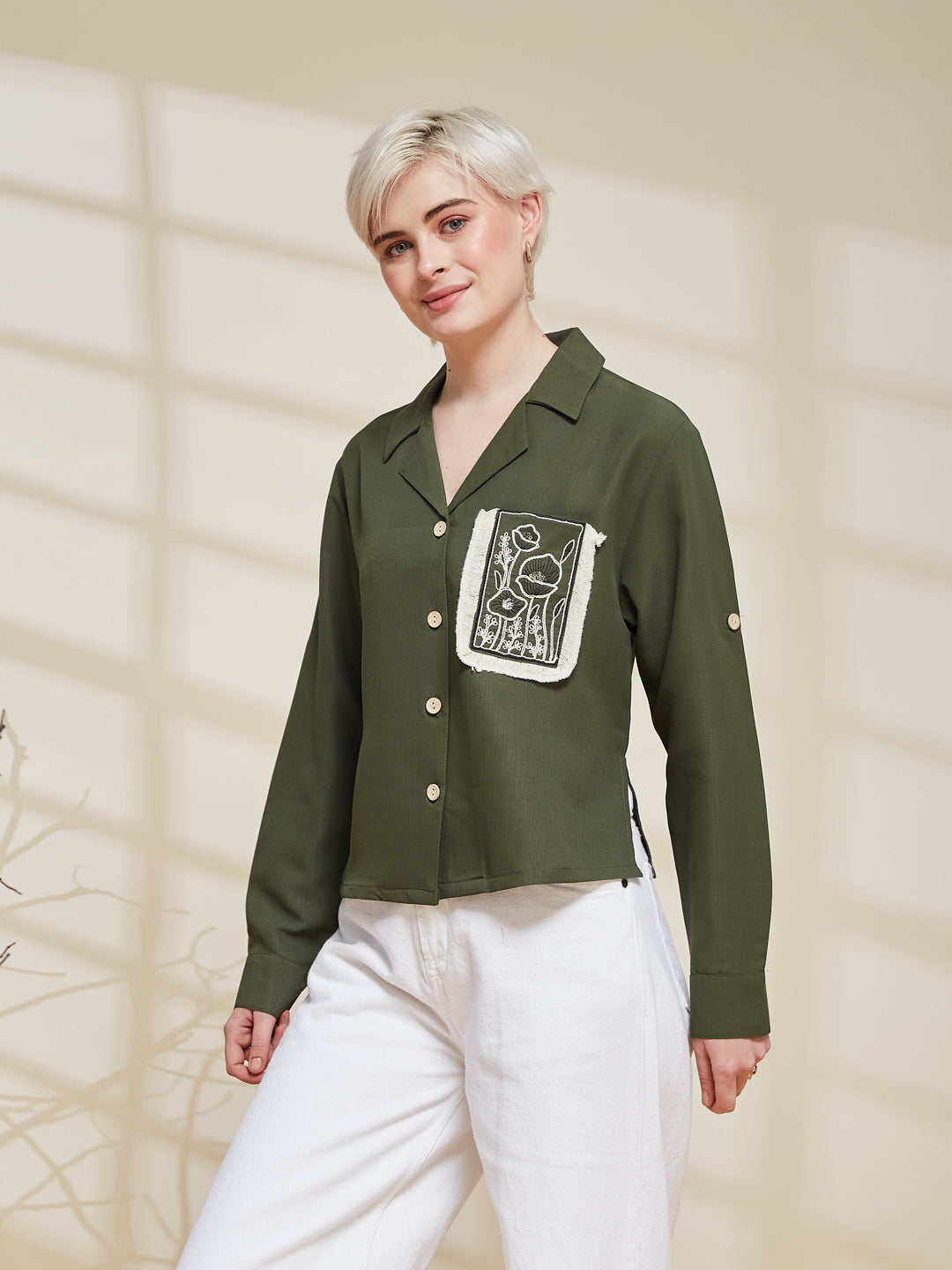 Olive Viscose Blend Embroidered Shirt for Women | Embroidered Shirt for Women 
