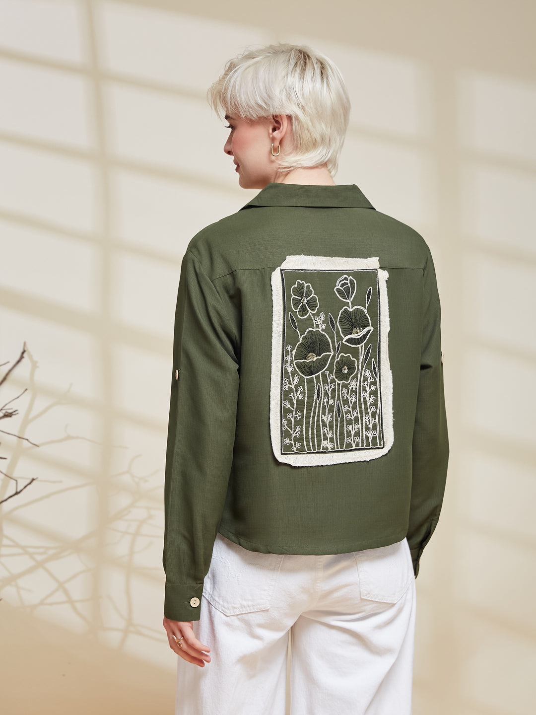 Olive Viscose Blend Embroidered Shirt for Women | Embroidered Shirt for Women | backside view
