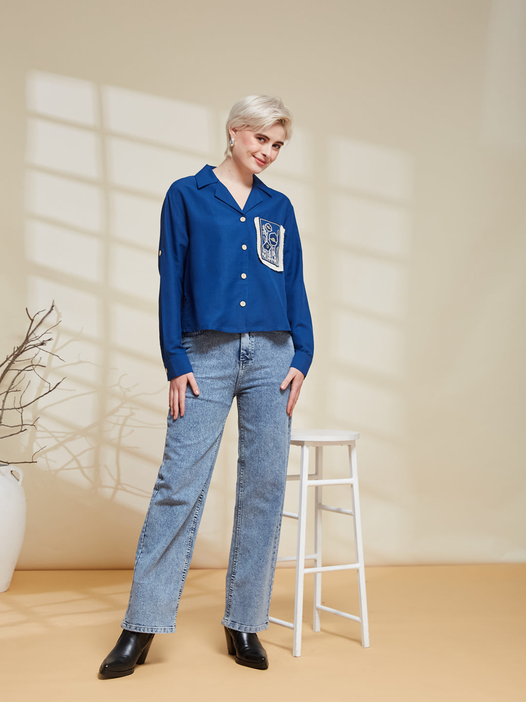 Blue Viscose Blend Embroidered Shirt for Women