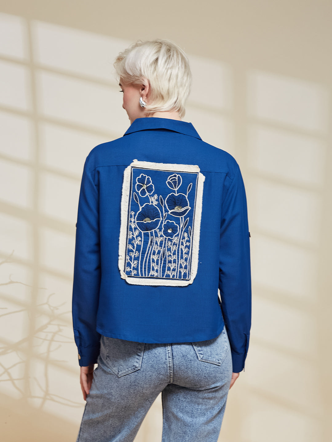 Blue Viscose Blend Embroidered Shirt for Women