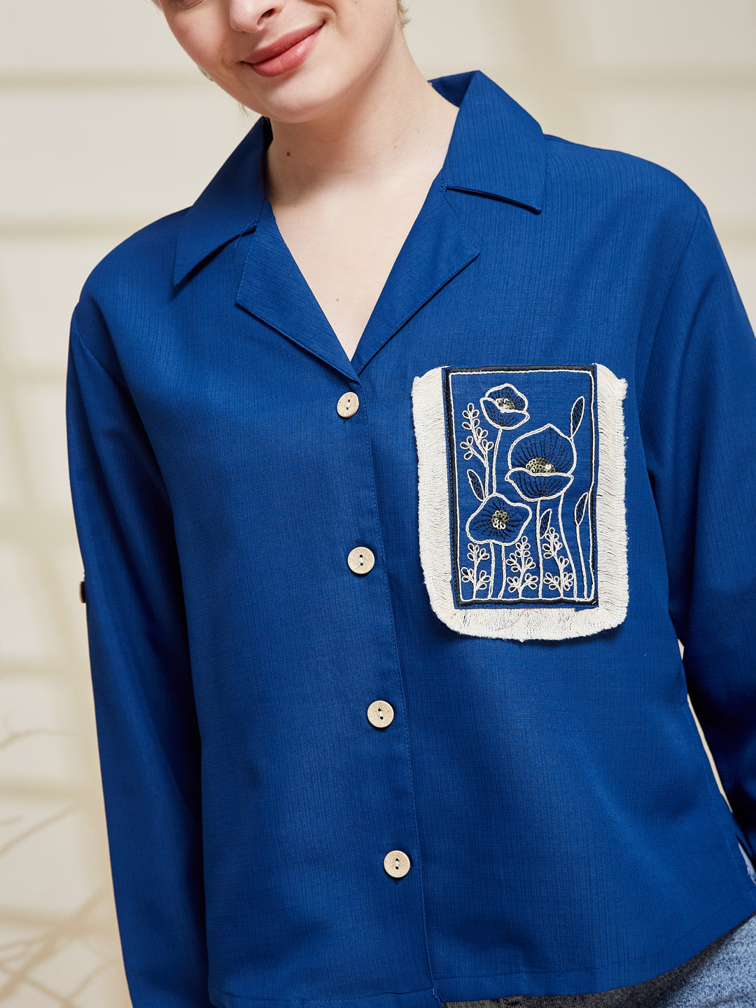 Blue Viscose Blend Embroidered Shirt for Women
