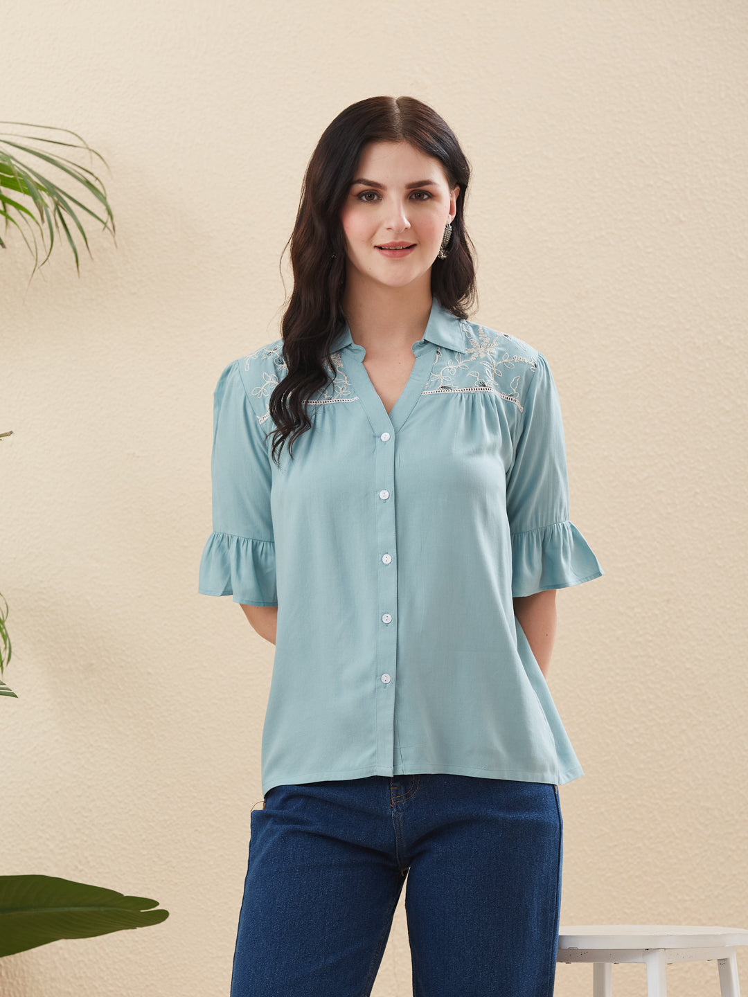 Blue Rayon Embroidered Shirt for Women