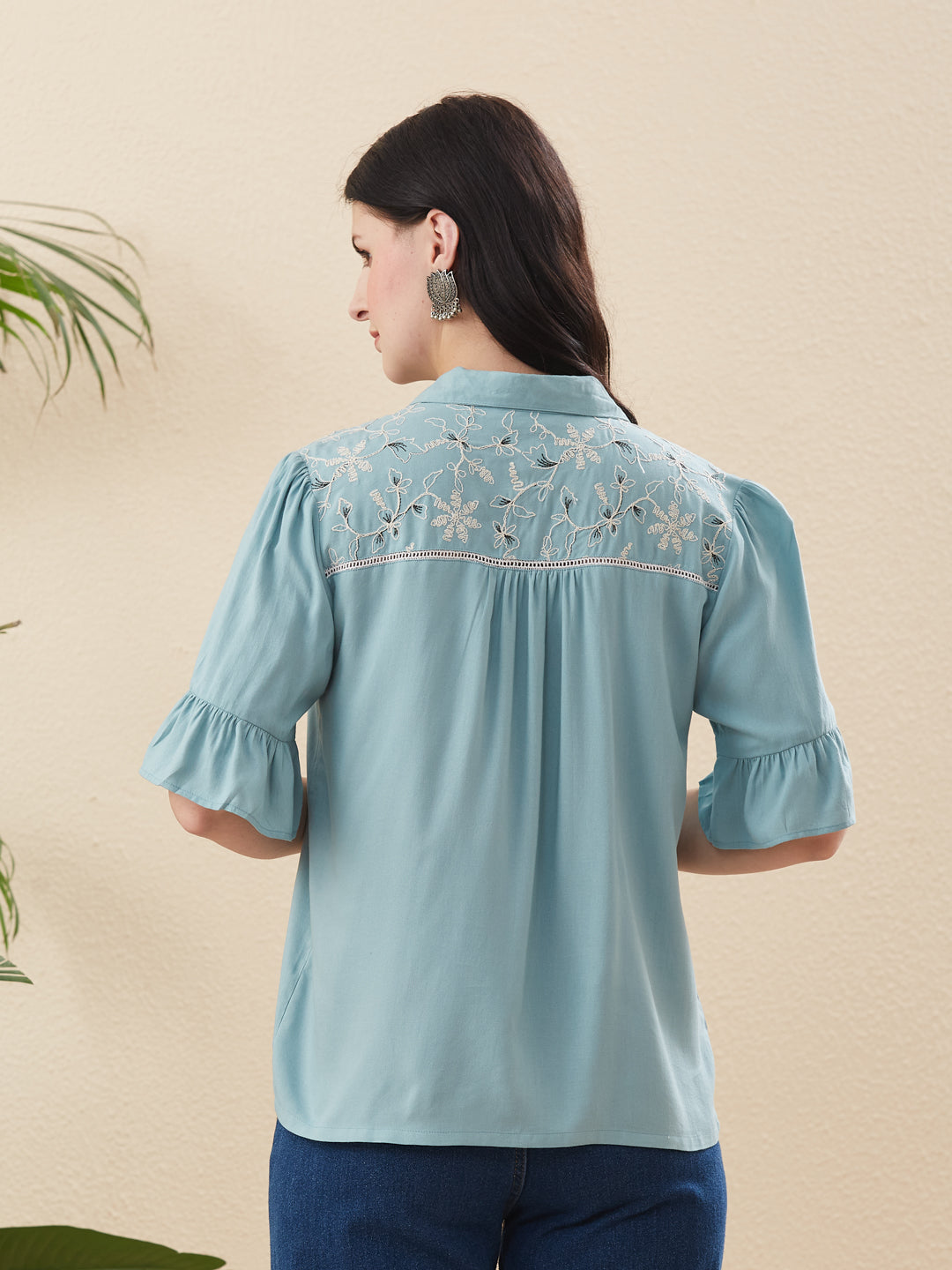 Blue Rayon Embroidered Shirt for Women
