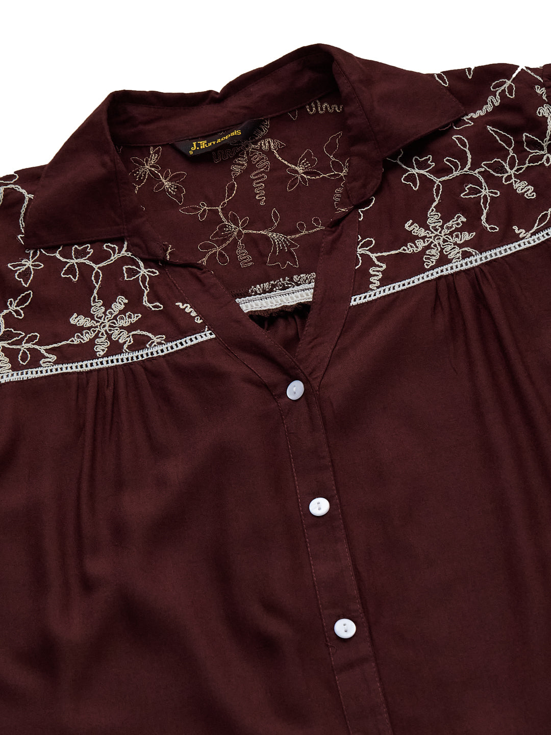 Coffee Rayon Embroidered Shirt for Women