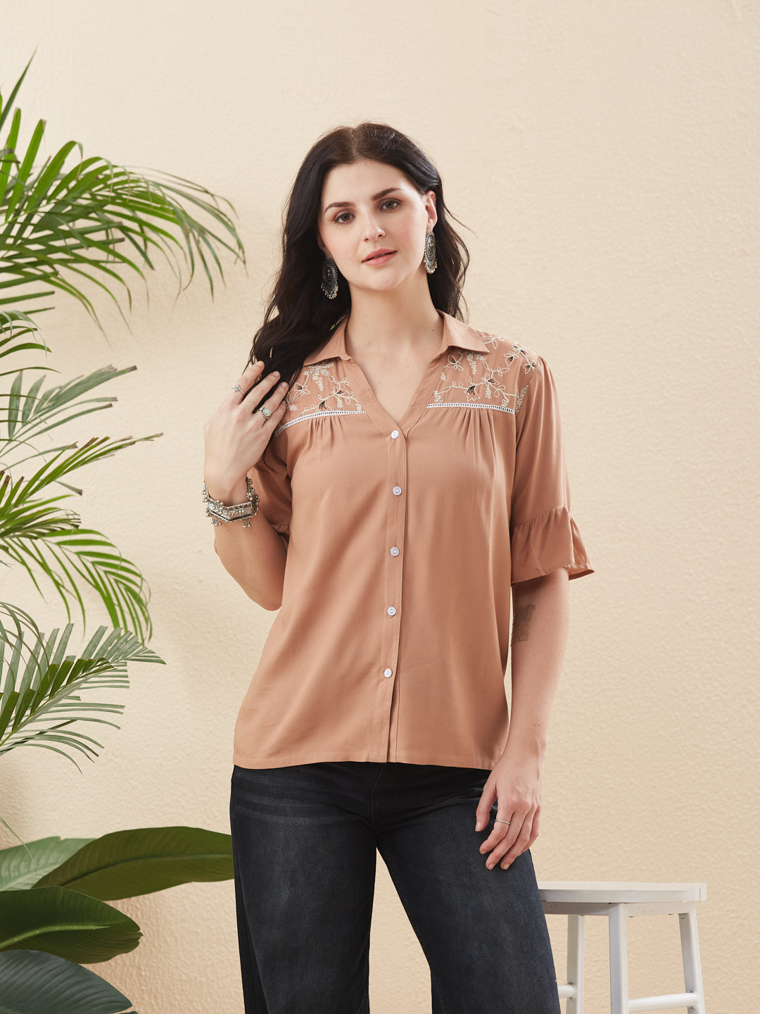 Beige Rayon Embroidered Shirt for Women