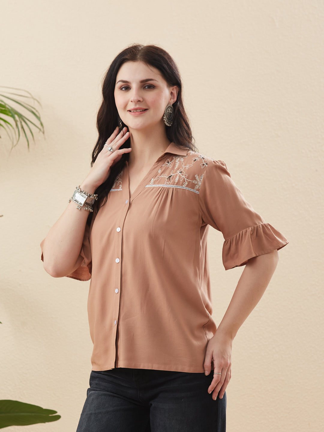 Beige Rayon Embroidered Shirt for Women