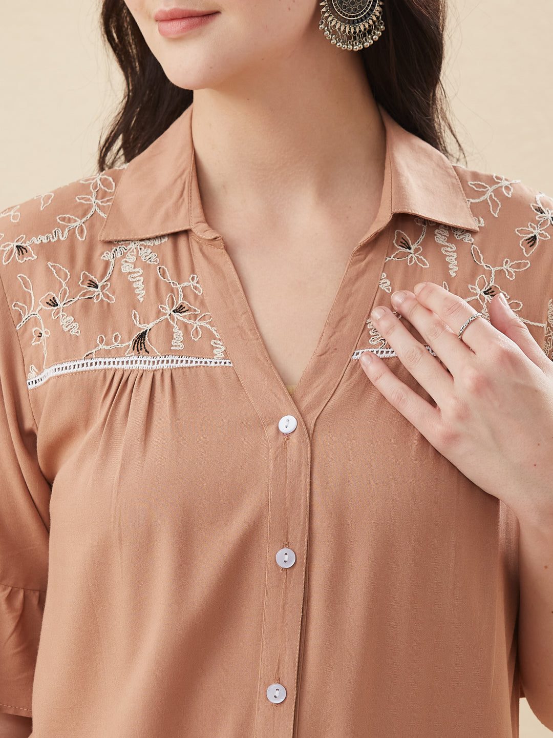 Beige Rayon Embroidered Shirt for Women