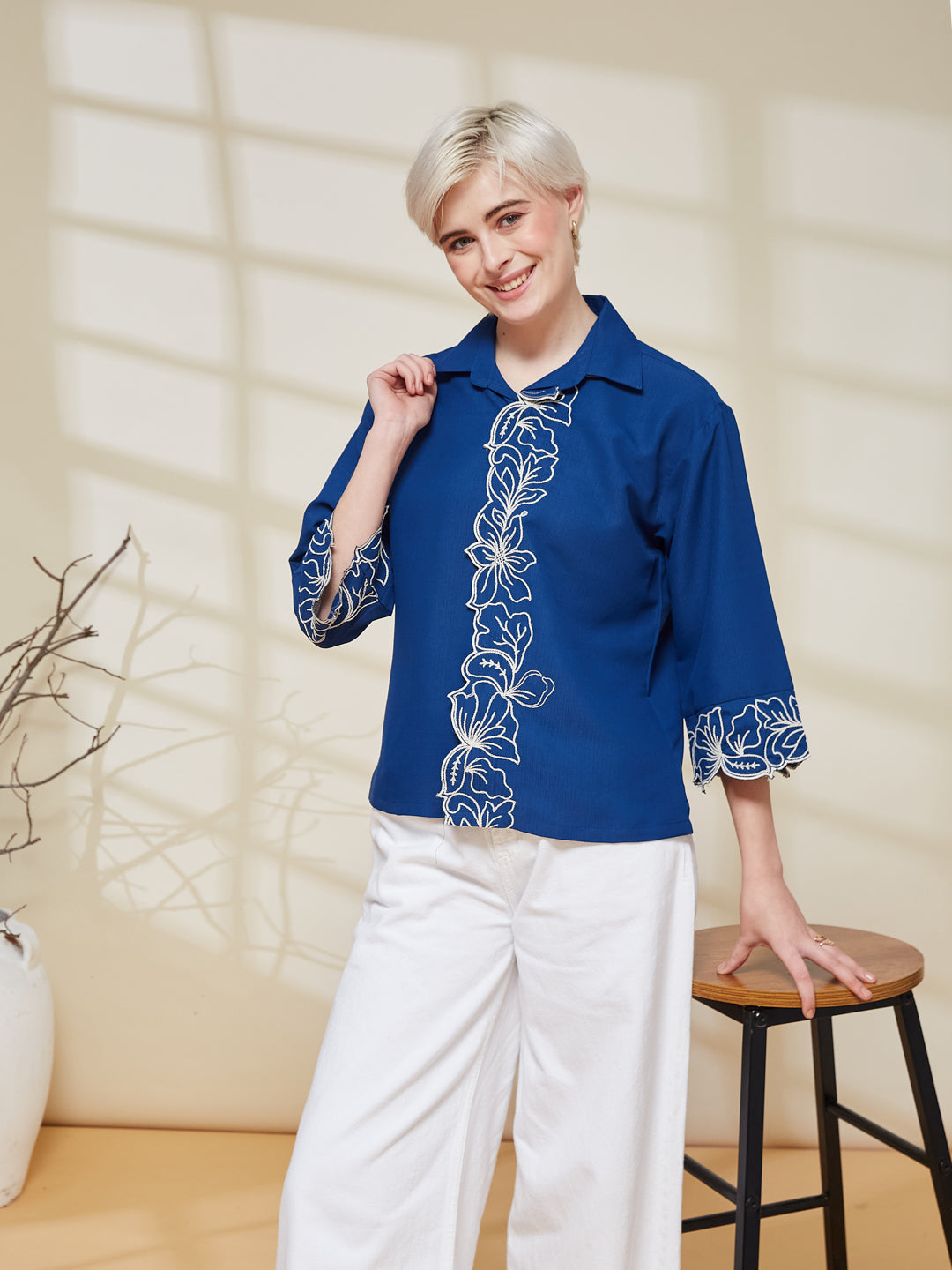 Blue Viscose Embroidered Regular Fit Shirt for Women