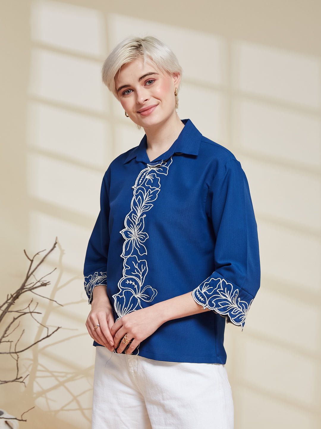 Blue Viscose Embroidered Regular Fit Shirt for Women