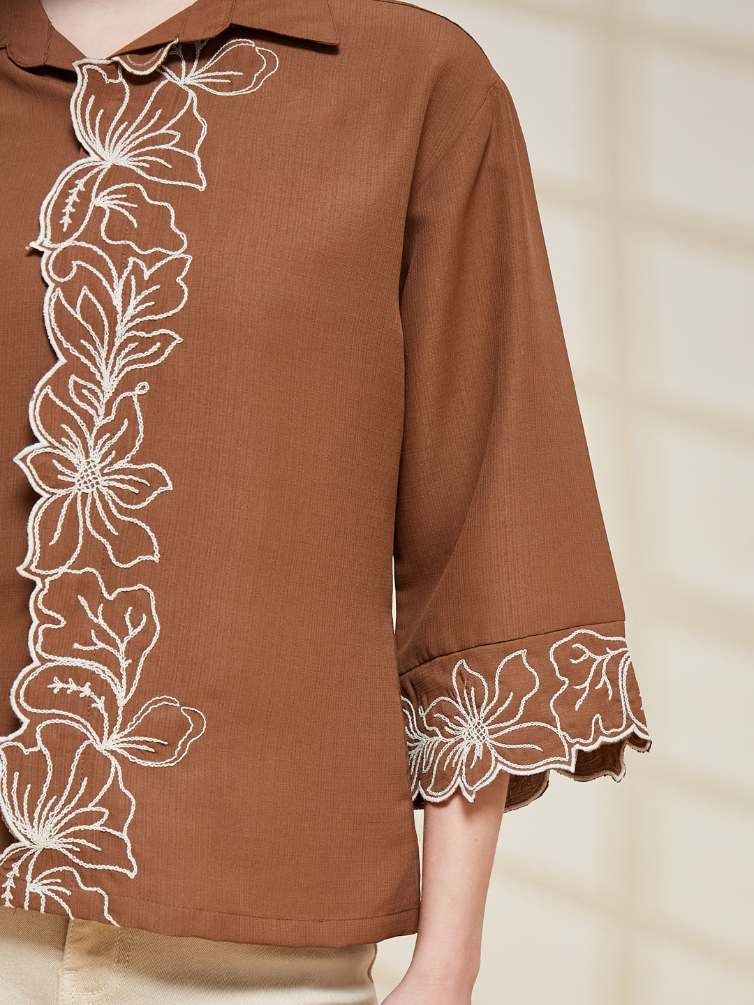 Caramel Viscose Embroidered Regular Fit Shirt for Women | Women Embroidered Shirt | embroidered design slevee view front 