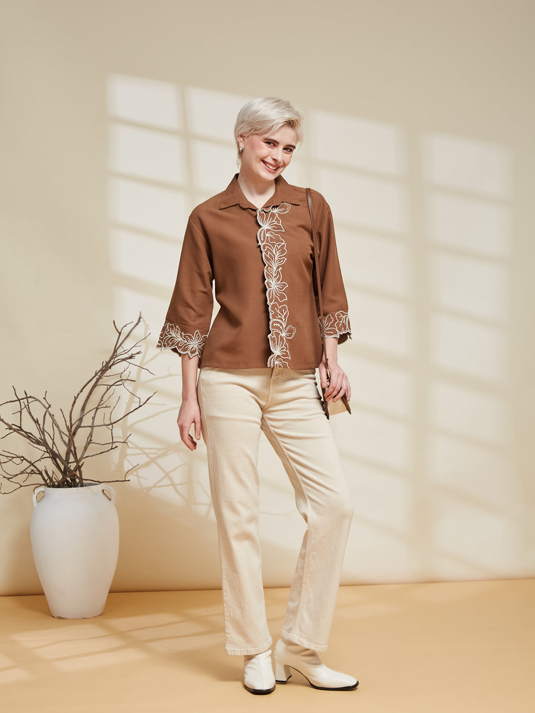 Caramel Viscose Embroidered Regular Fit Shirt for Women | Women Embroidered Shirt| frontside full view