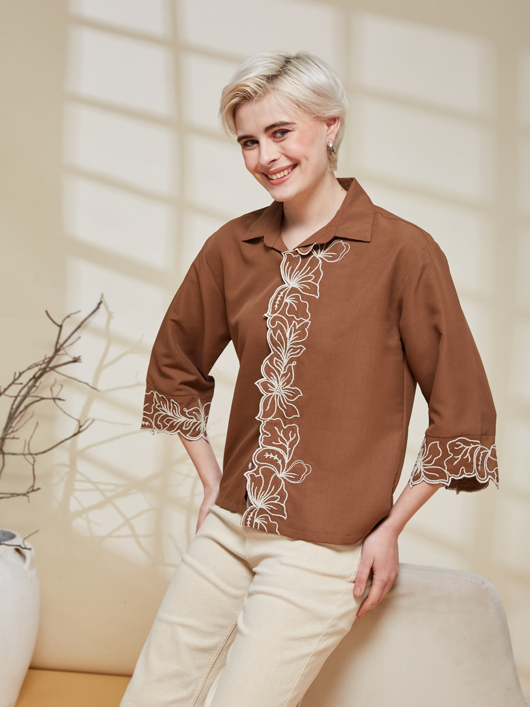 Caramel Viscose Embroidered Regular Fit Shirt for Women | Women Embroidered Shirt | frontside full view
