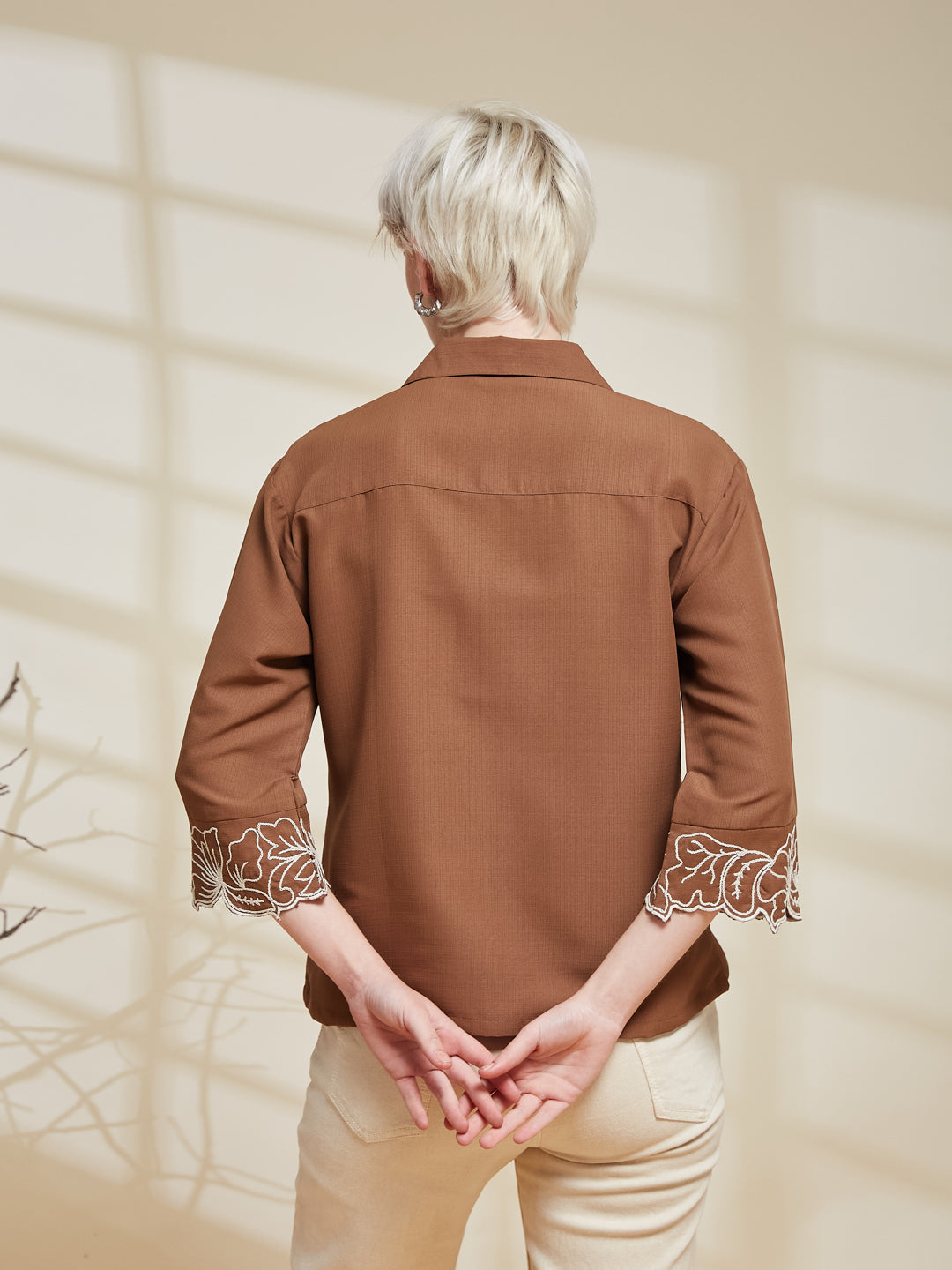 Caramel Viscose Embroidered Regular Fit Shirt for Women | Women Embroidered Shirt | backside view