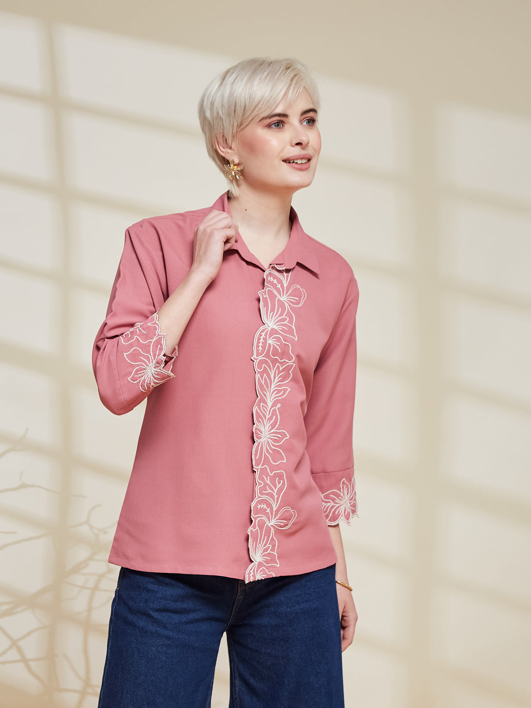 Pink Viscose Embroidered Regular Fit Shirt for Women | Embroidered Shirt for Women | front side