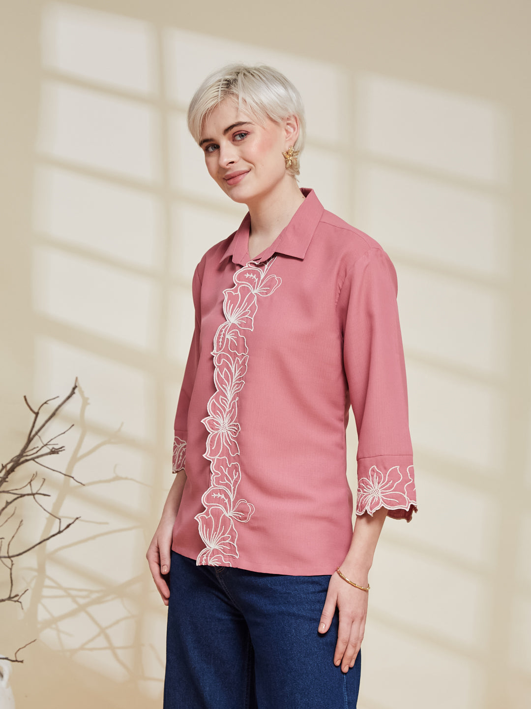 Pink Viscose Embroidered Regular Fit Shirt for Women | Embroidered Shirt for Women | leftside view