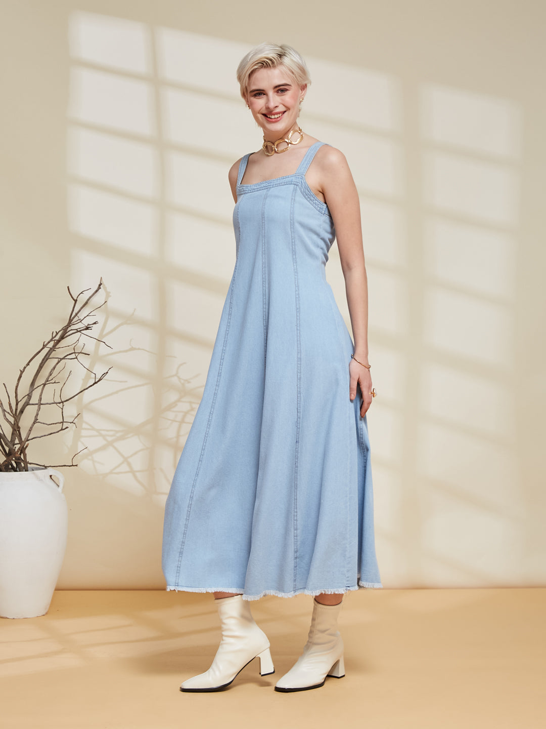 Ice Blue Denim Overall Slip Dress  for women