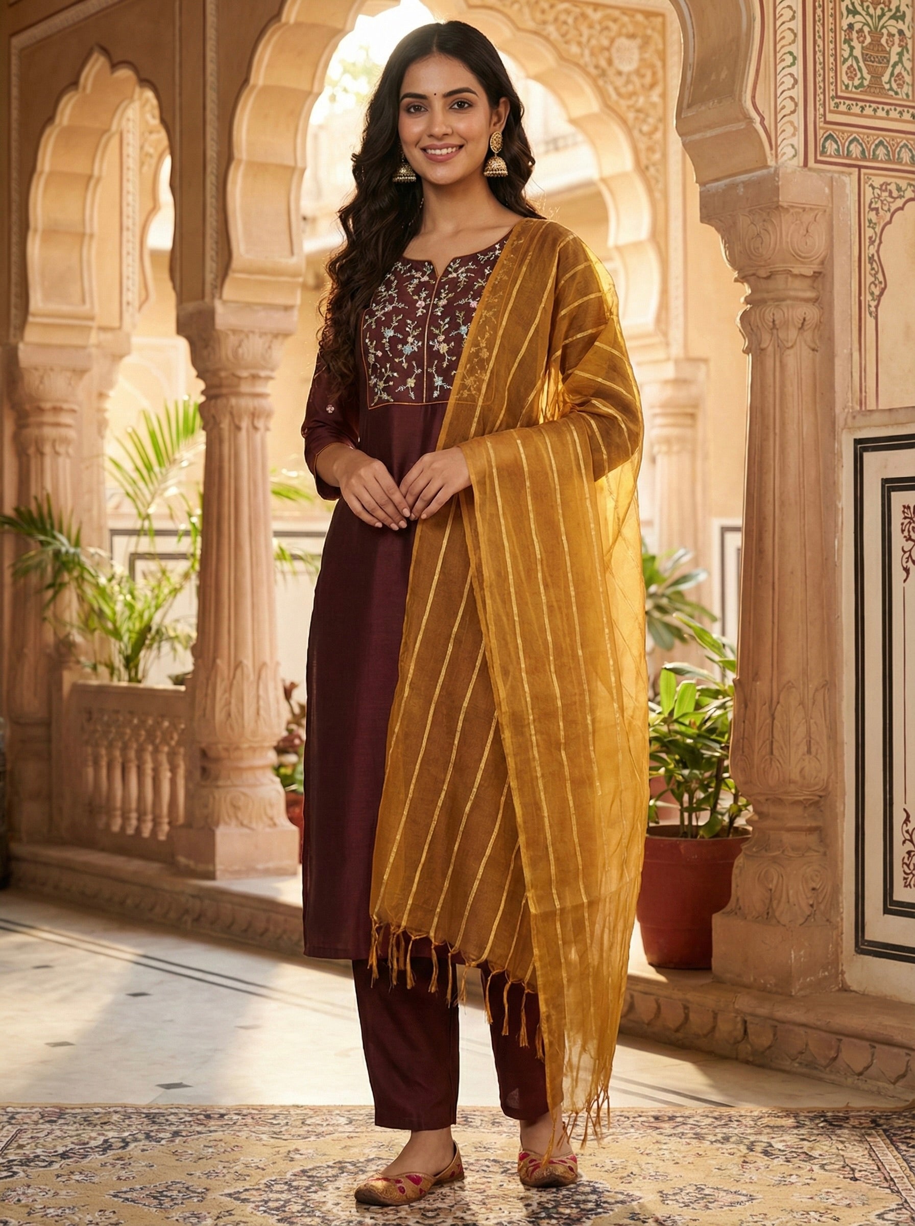 Coffee Embroidered Chinon Kurta with Dupatta Set for womens