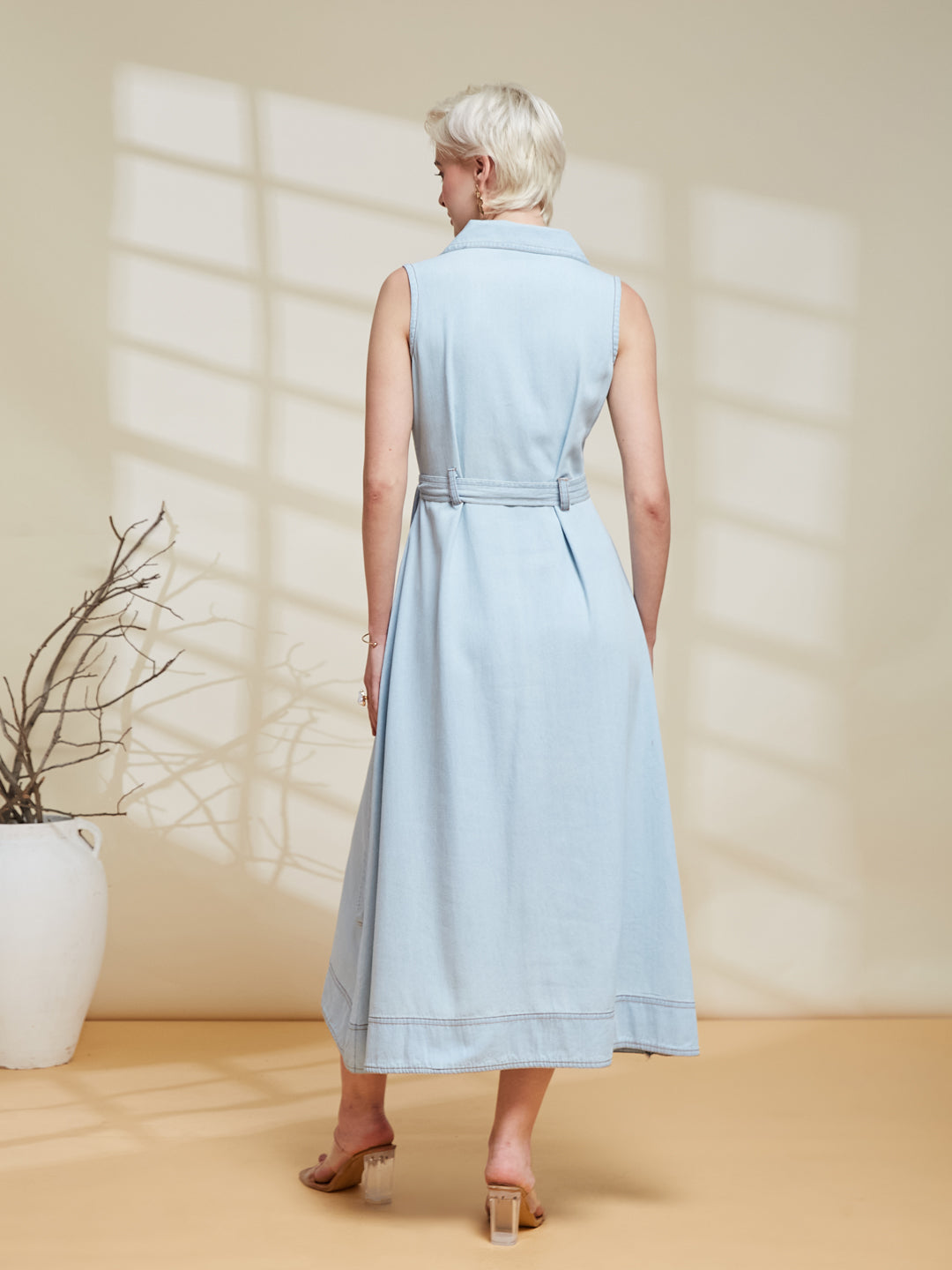 Light Blue Sleeveless Denim Midi Dress with Belt for women