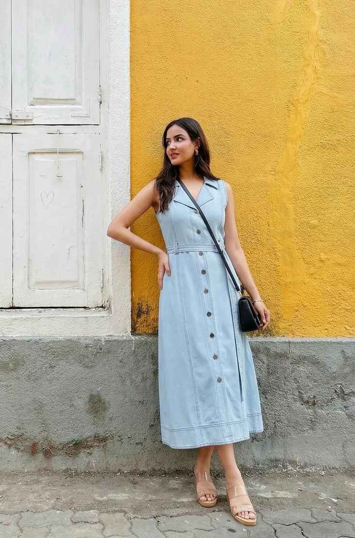 sleeveless womens denim dress Light Blue Midi with Belt for women Choose Buckle Finish and Style:Traditional in Gunmetal with a Curve custom_EASTER DRESSES Stylish Dresses Casual Dresses