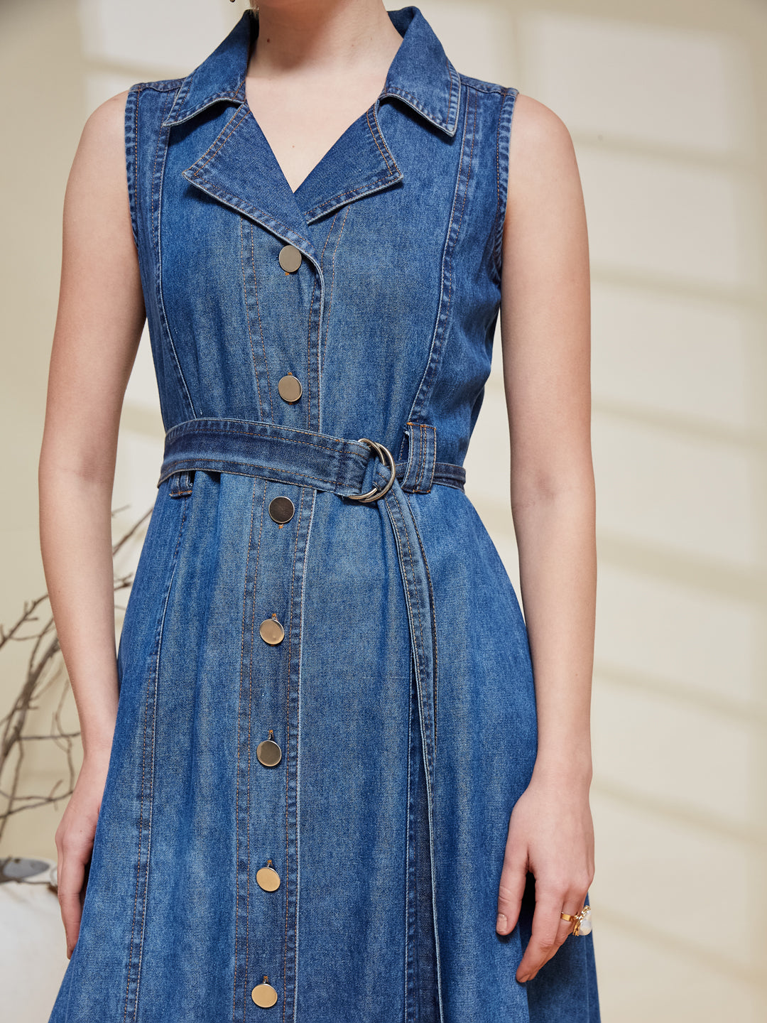 Blue Denim Sleeveless Denim Midi Dress with Belt for women