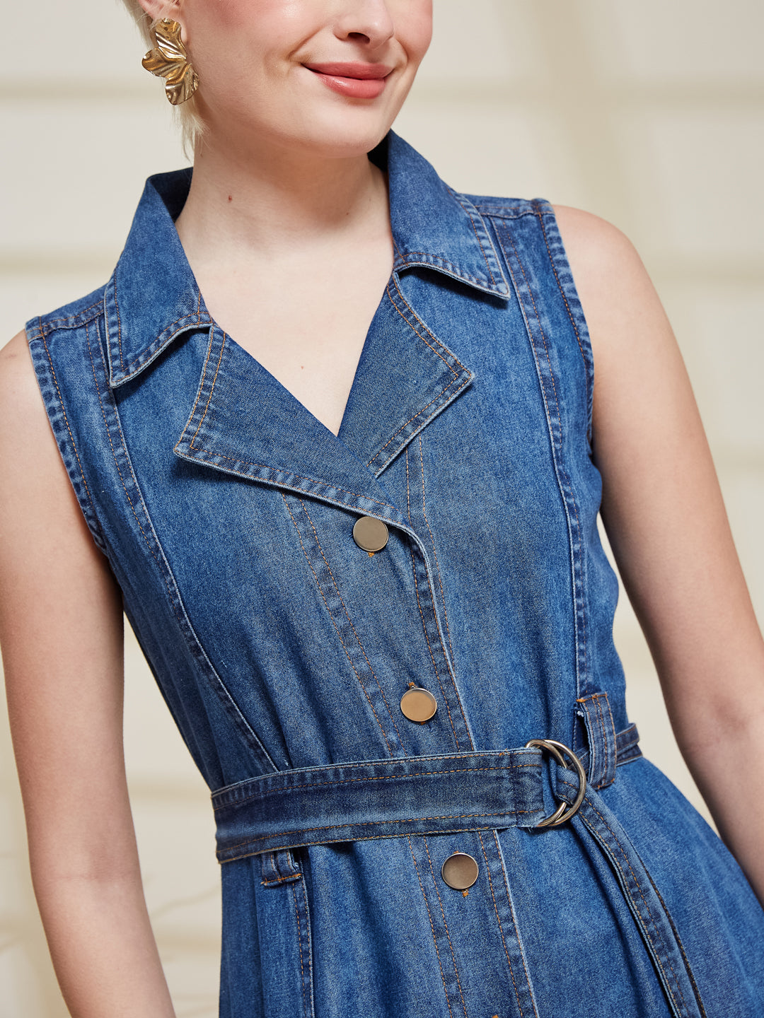 Blue Denim Sleeveless Denim Midi Dress with Belt for women