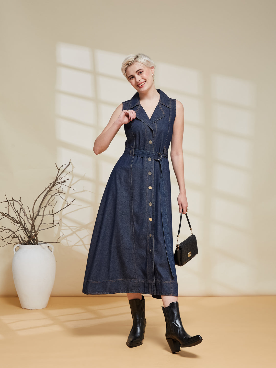 Dark Blue Sleeveless Denim Midi Dress with Belt for women