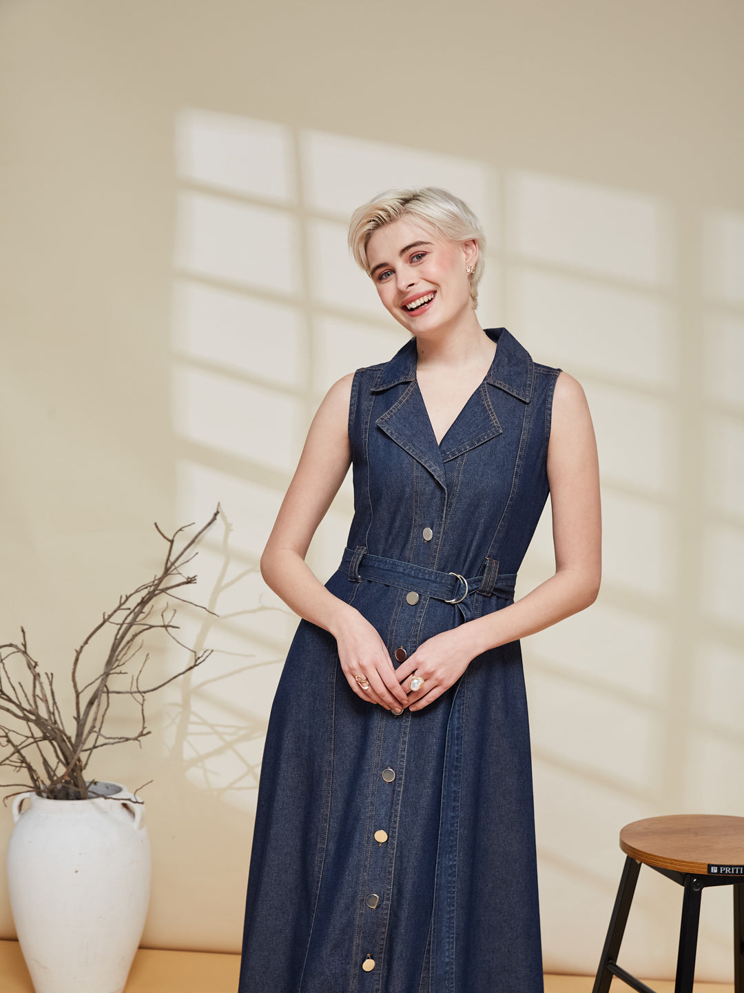 Dark Blue Sleeveless Denim Midi Dress with Belt for women