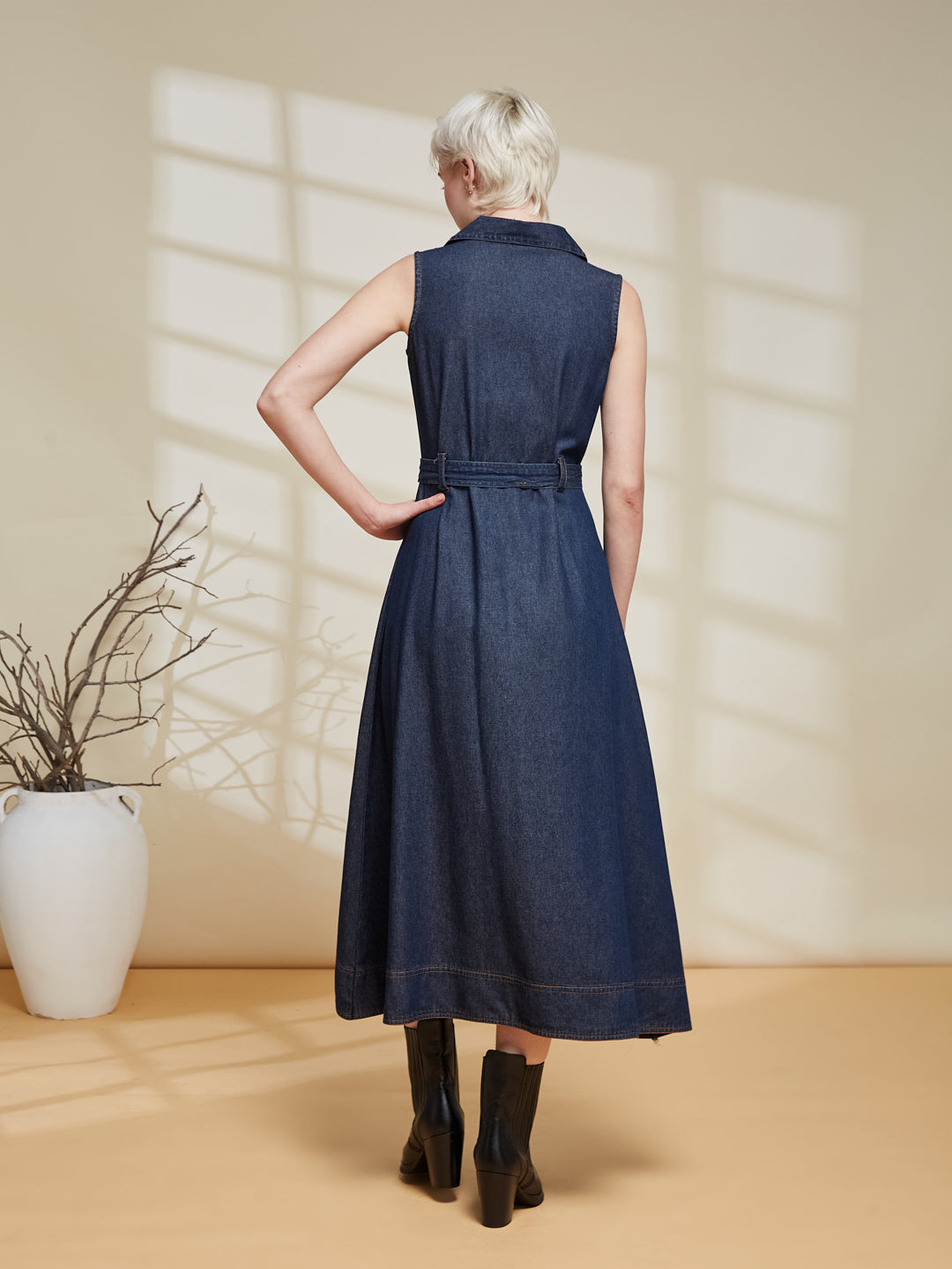 Dark Blue Sleeveless Denim Midi Dress with Belt for women