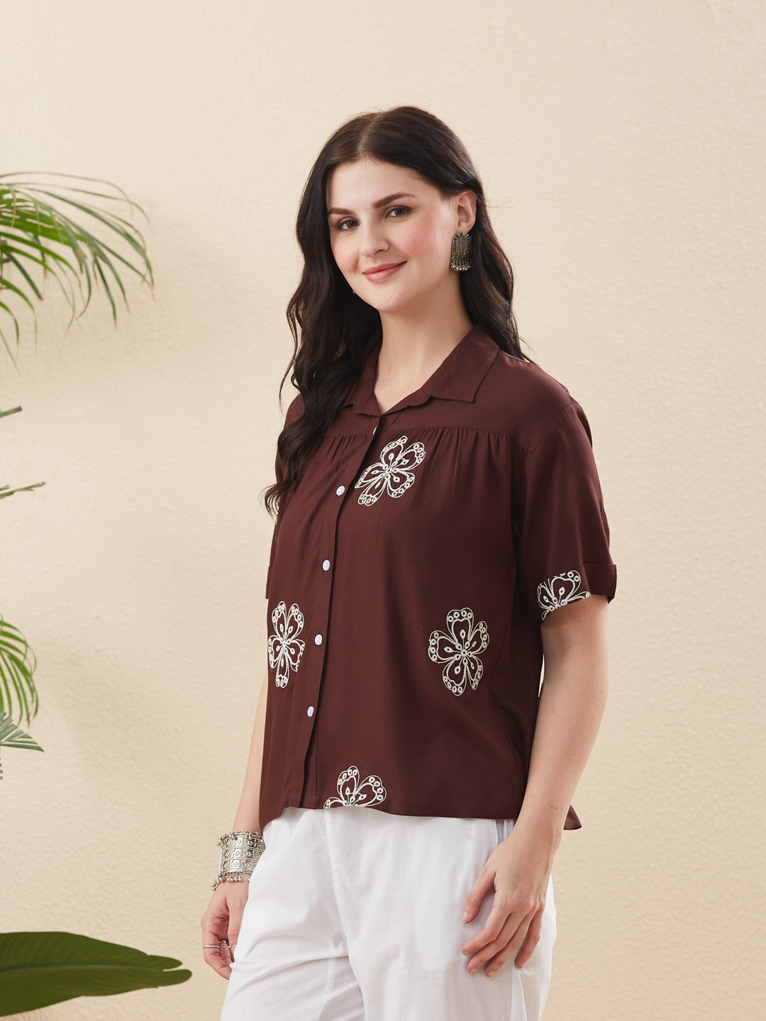 Coffee Rayon Embroidered Regular Fit Women’s Shirt