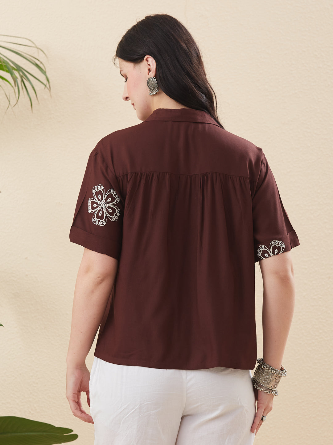 Coffee Rayon Embroidered Regular Fit Women’s Shirt