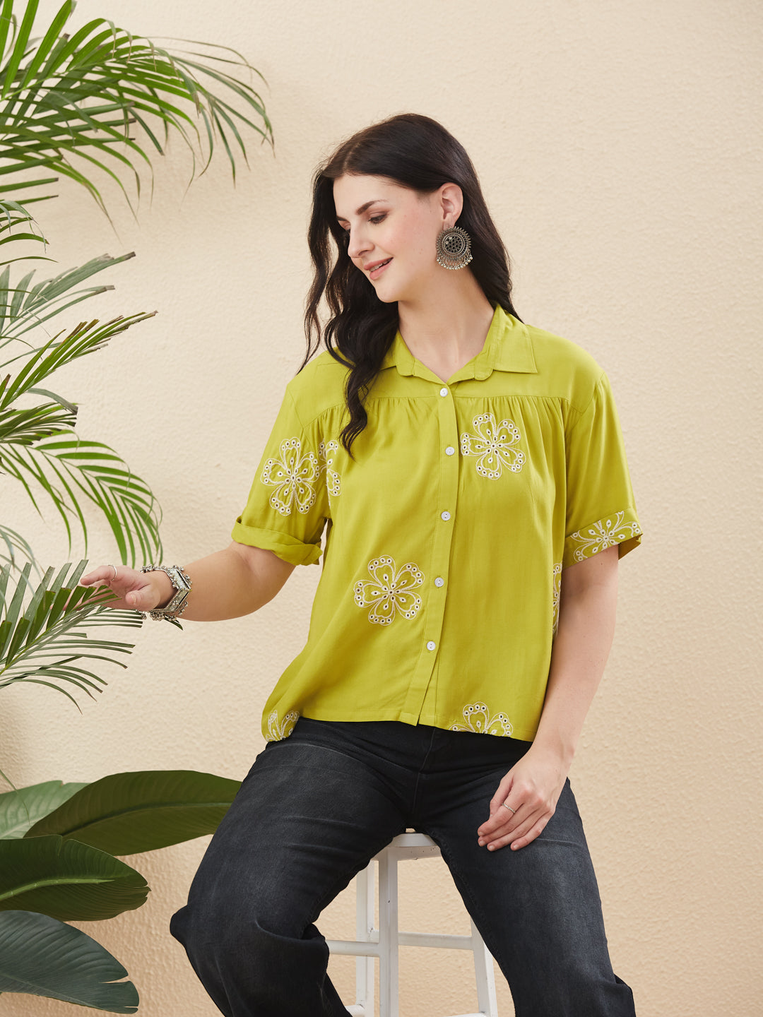 Neon Rayon Embroidered Regular Fit Women’s Shirt